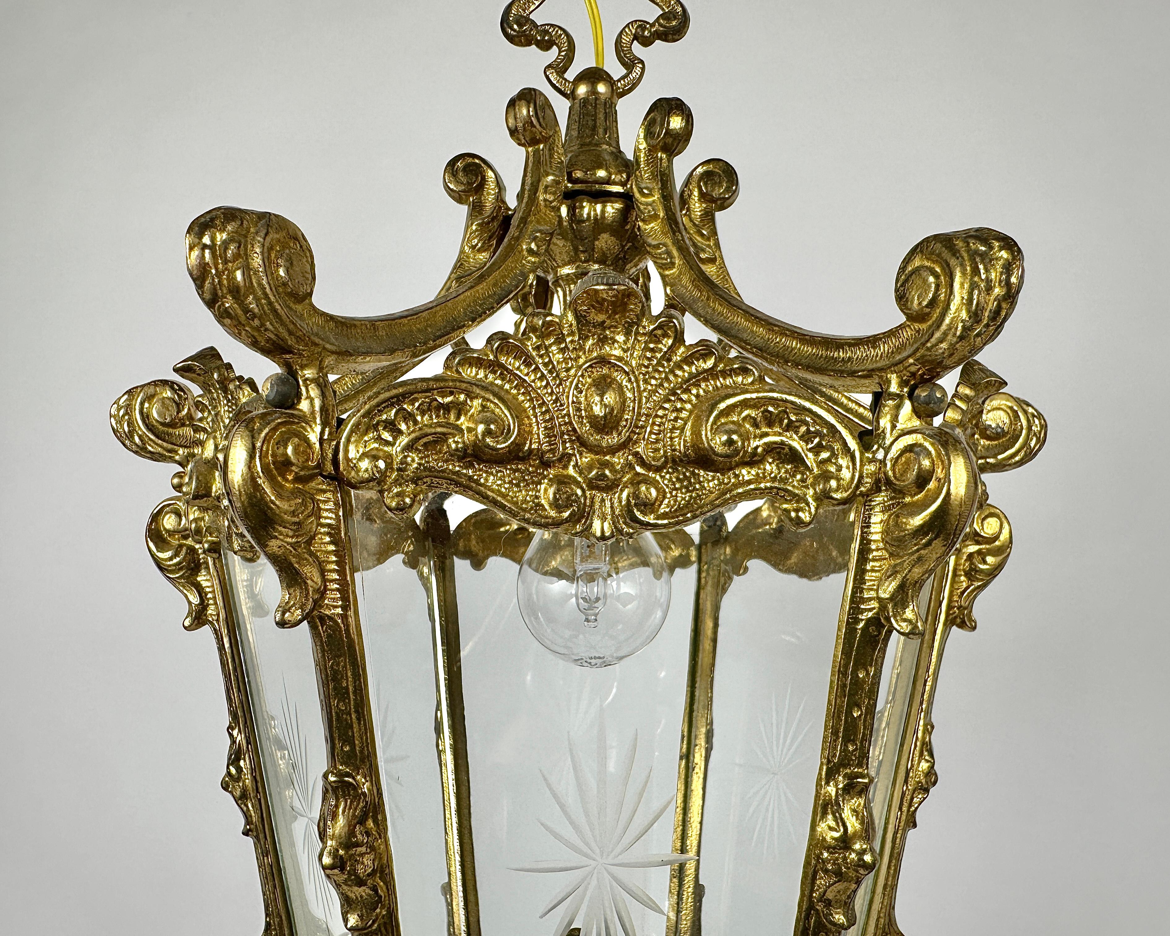Ceiling Lantern Antique in Bronze With Etched Glass For Sale 1