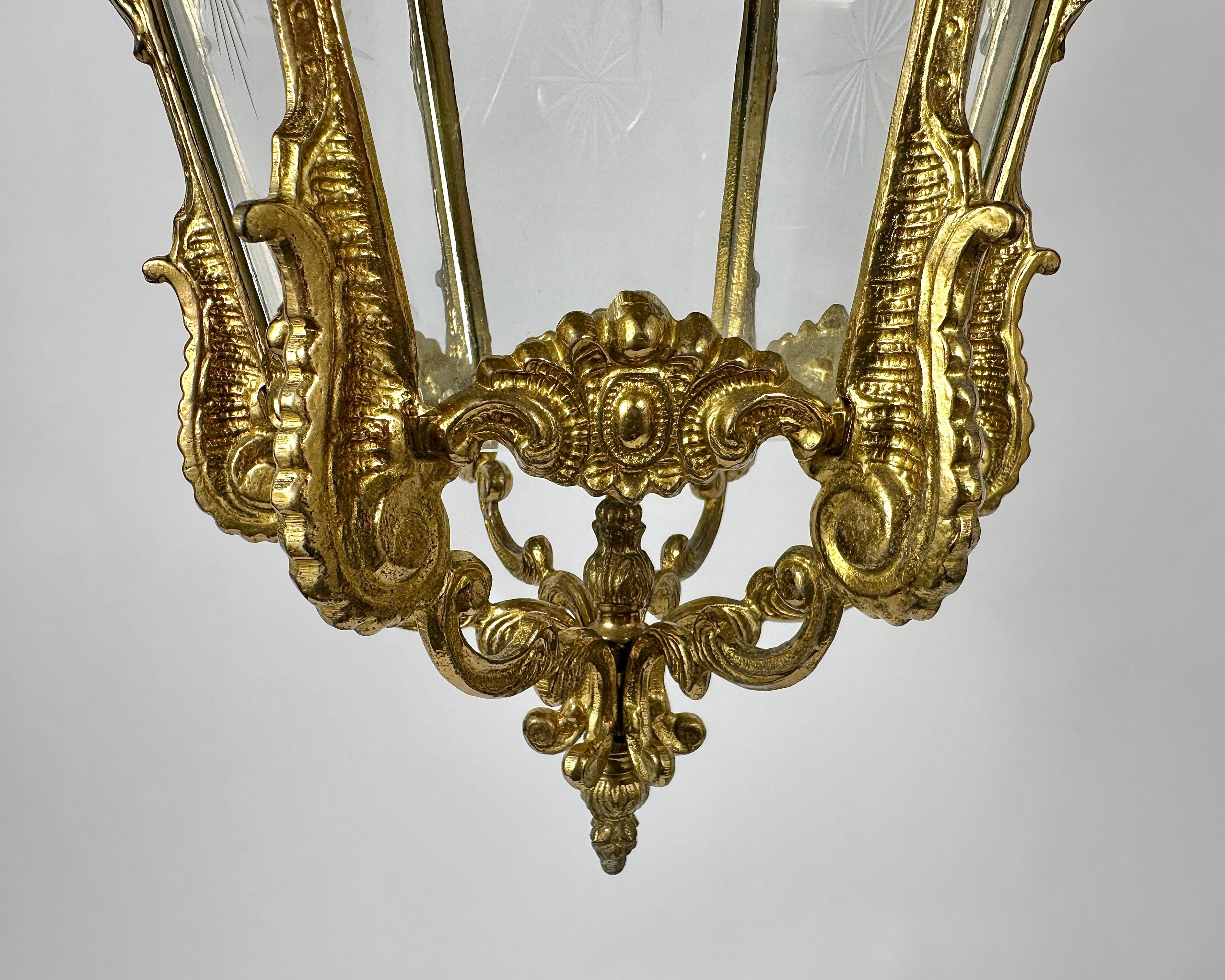 Ceiling Lantern Antique in Bronze With Etched Glass For Sale 3