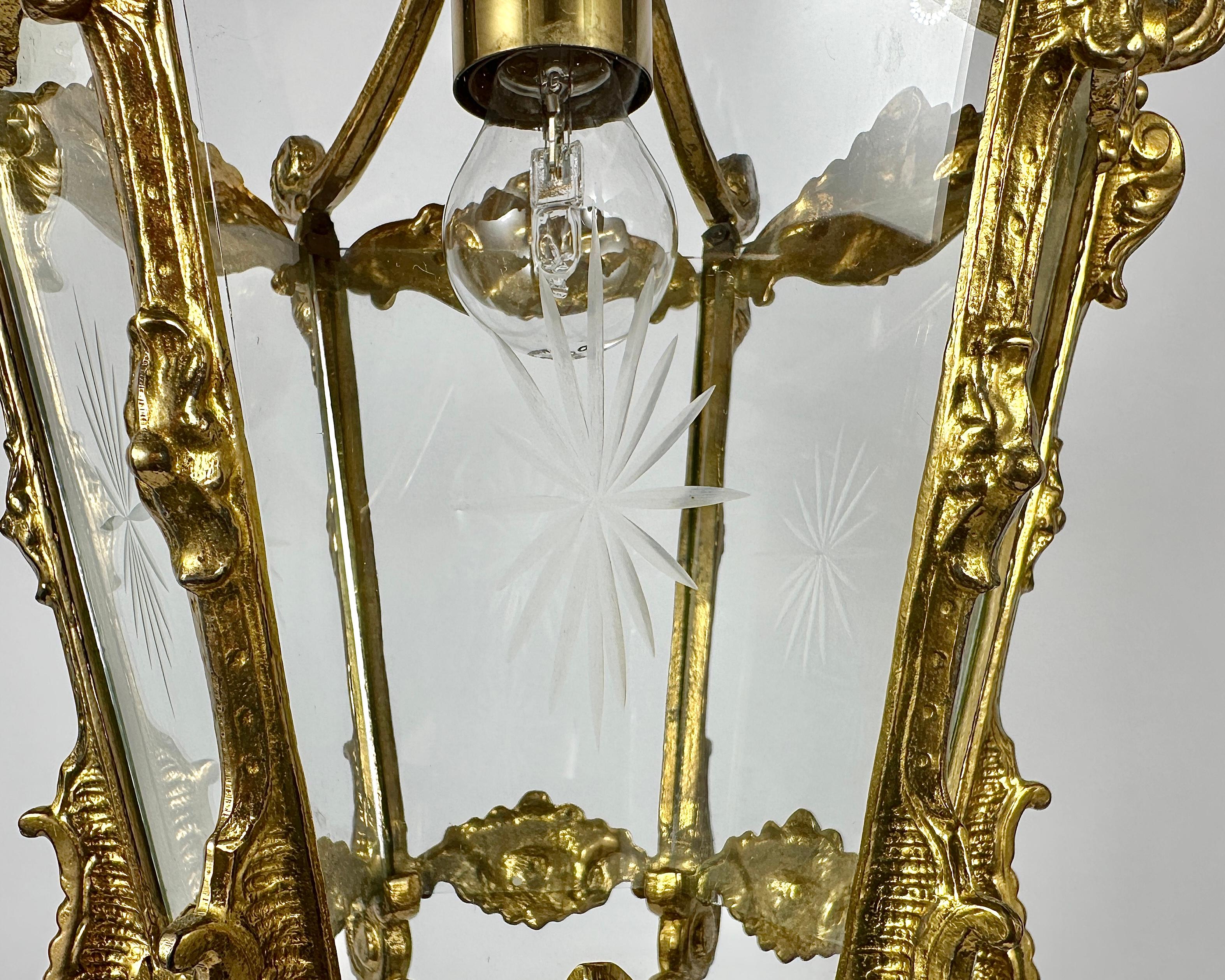 Ceiling Lantern Antique in Bronze With Etched Glass For Sale 4