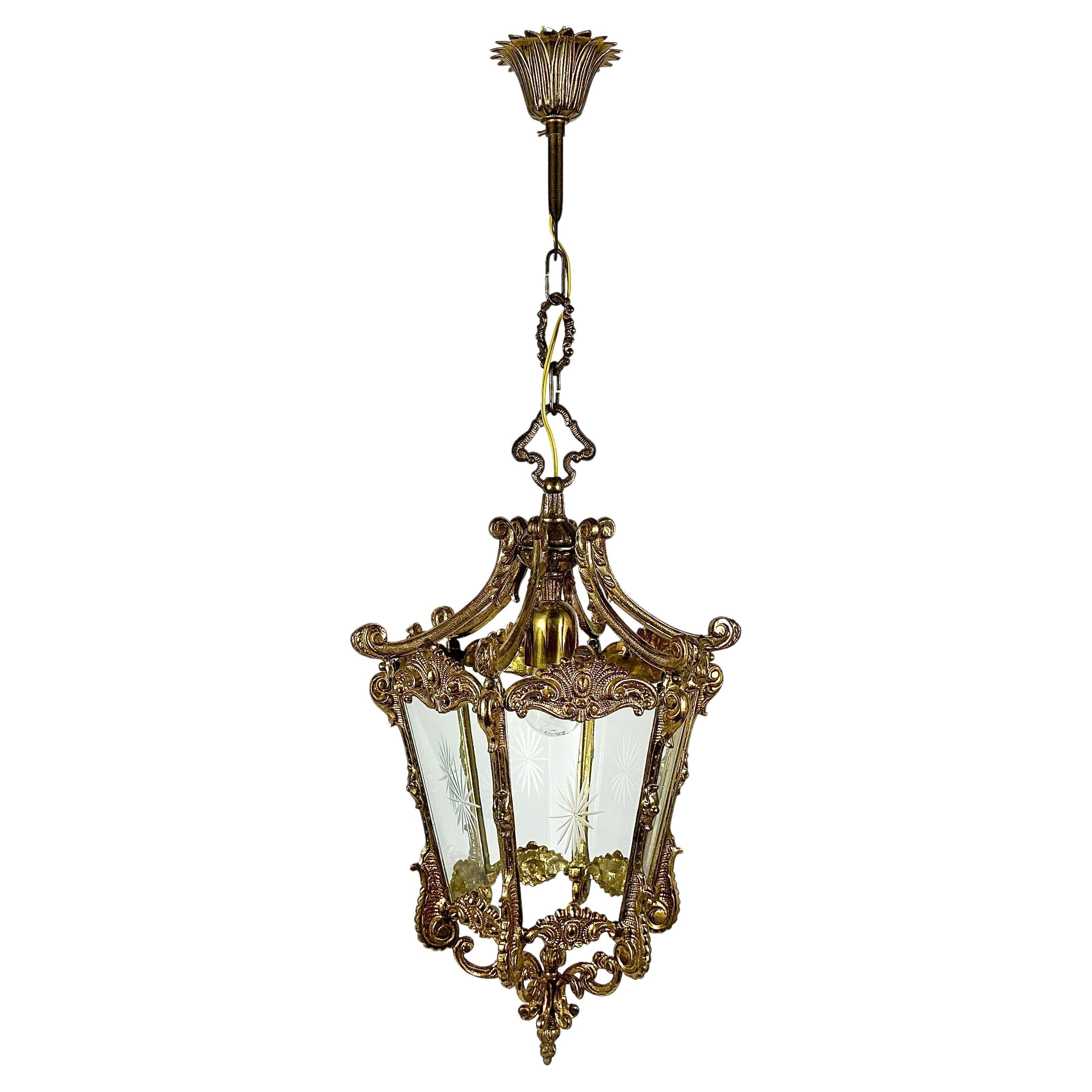 Ceiling Lantern Antique in Bronze With Etched Glass