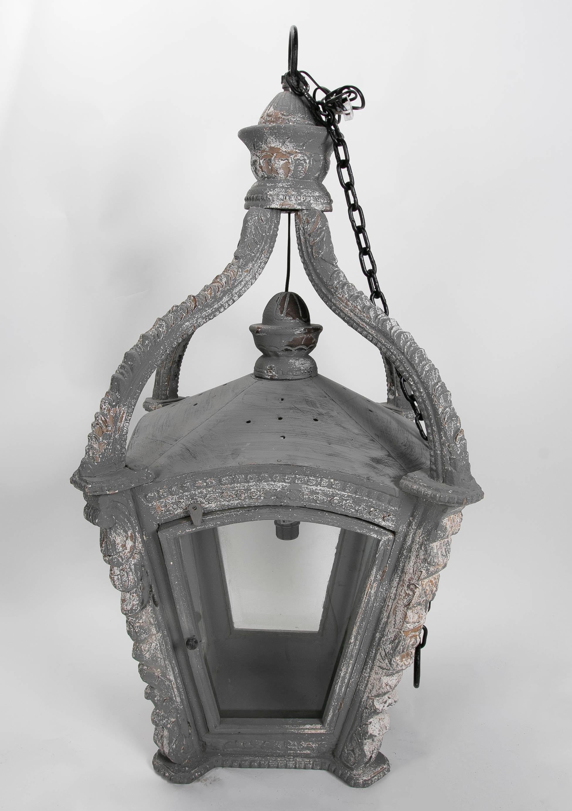 Ceiling Lantern Carved in Wood with Antique Finish in Grey Tones For Sale 5