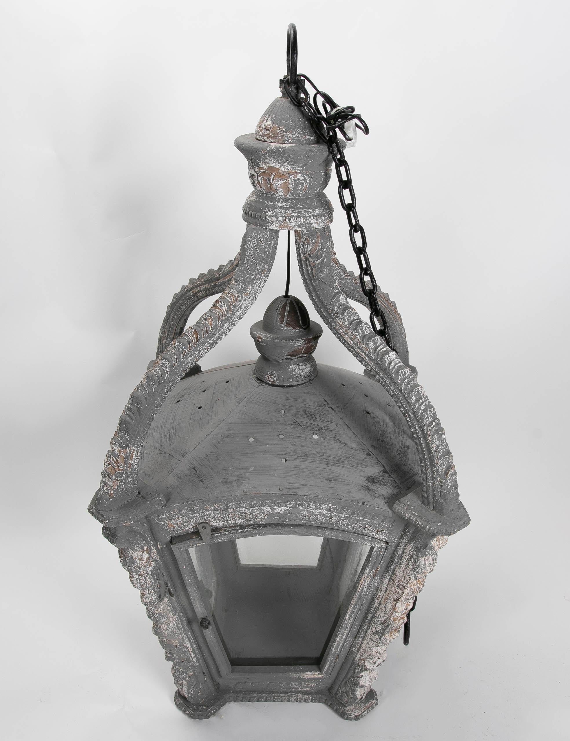 Ceiling Lantern Carved in Wood with Antique Finish in Grey Tones For Sale 6