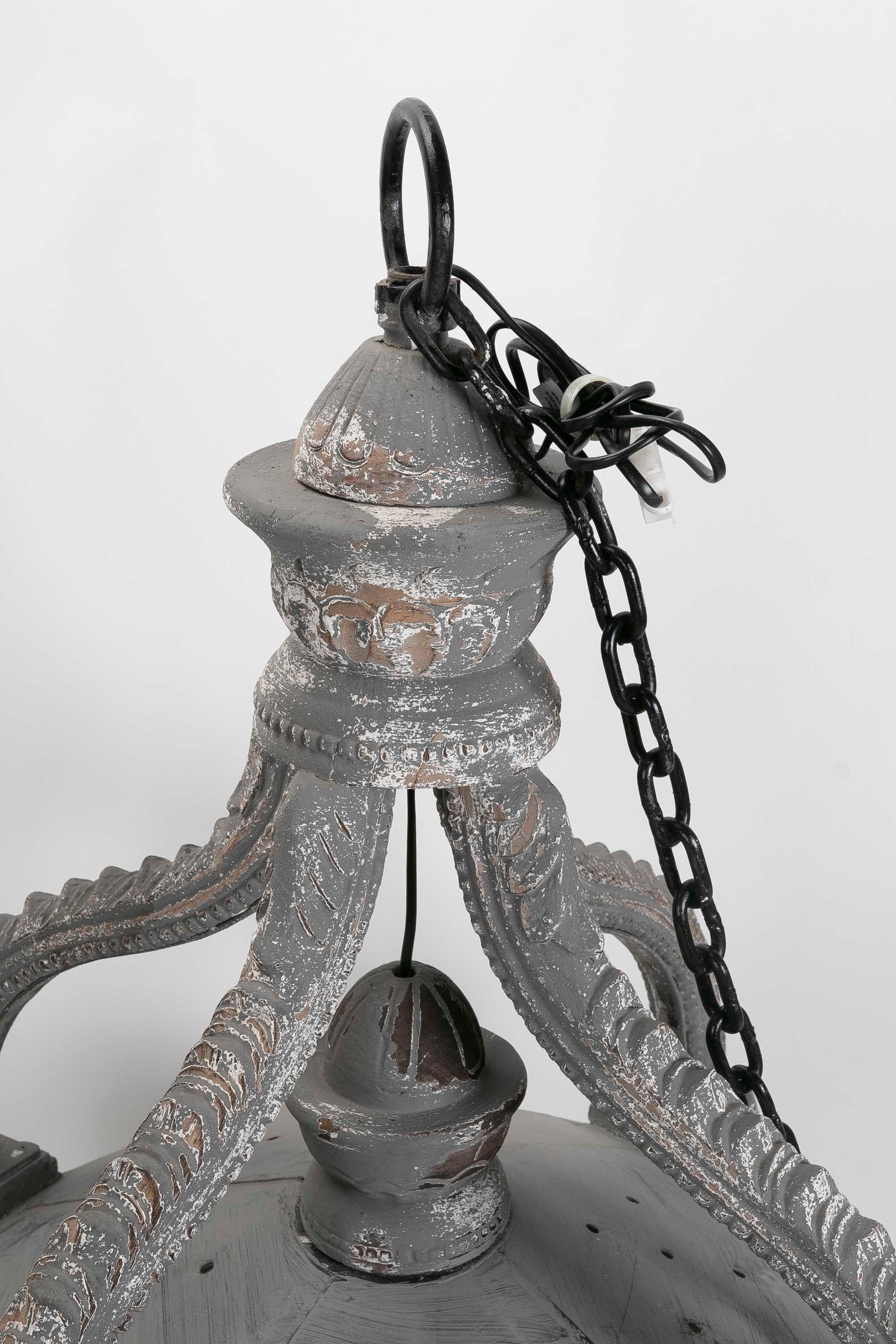 Ceiling Lantern Carved in Wood with Antique Finish in Grey Tones For Sale 7