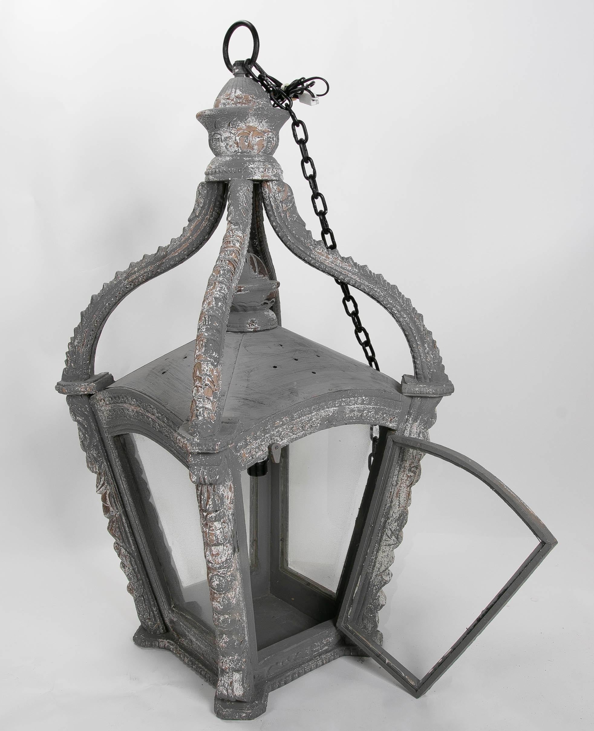 European Ceiling Lantern Carved in Wood with Antique Finish in Grey Tones For Sale