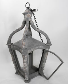 Ceiling Lantern Carved in Wood with Antique Finish in Grey Tones