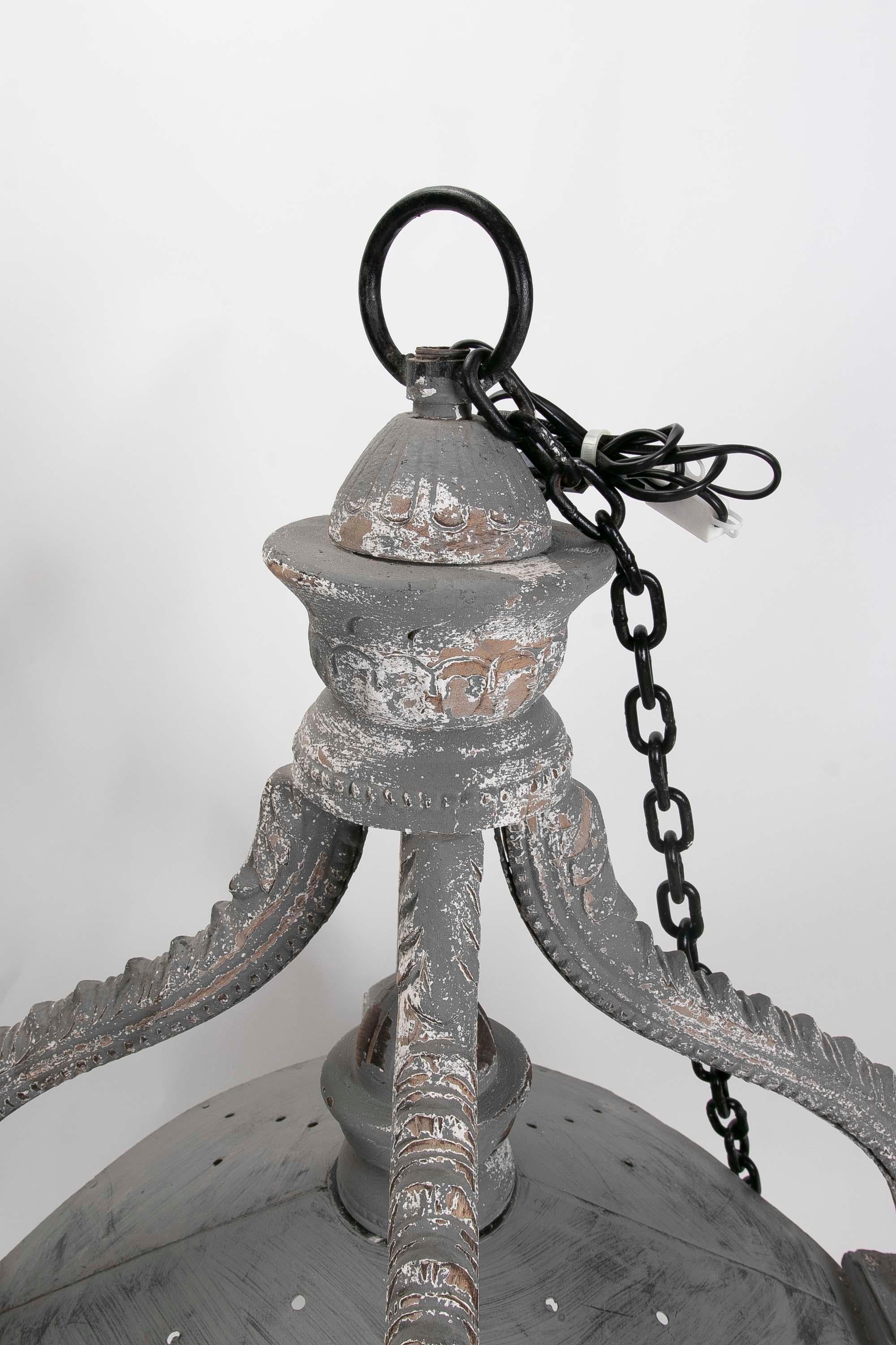 Ceiling Lantern Carved in Wood with Antique Finish in Grey Tones In Good Condition For Sale In Marbella, ES