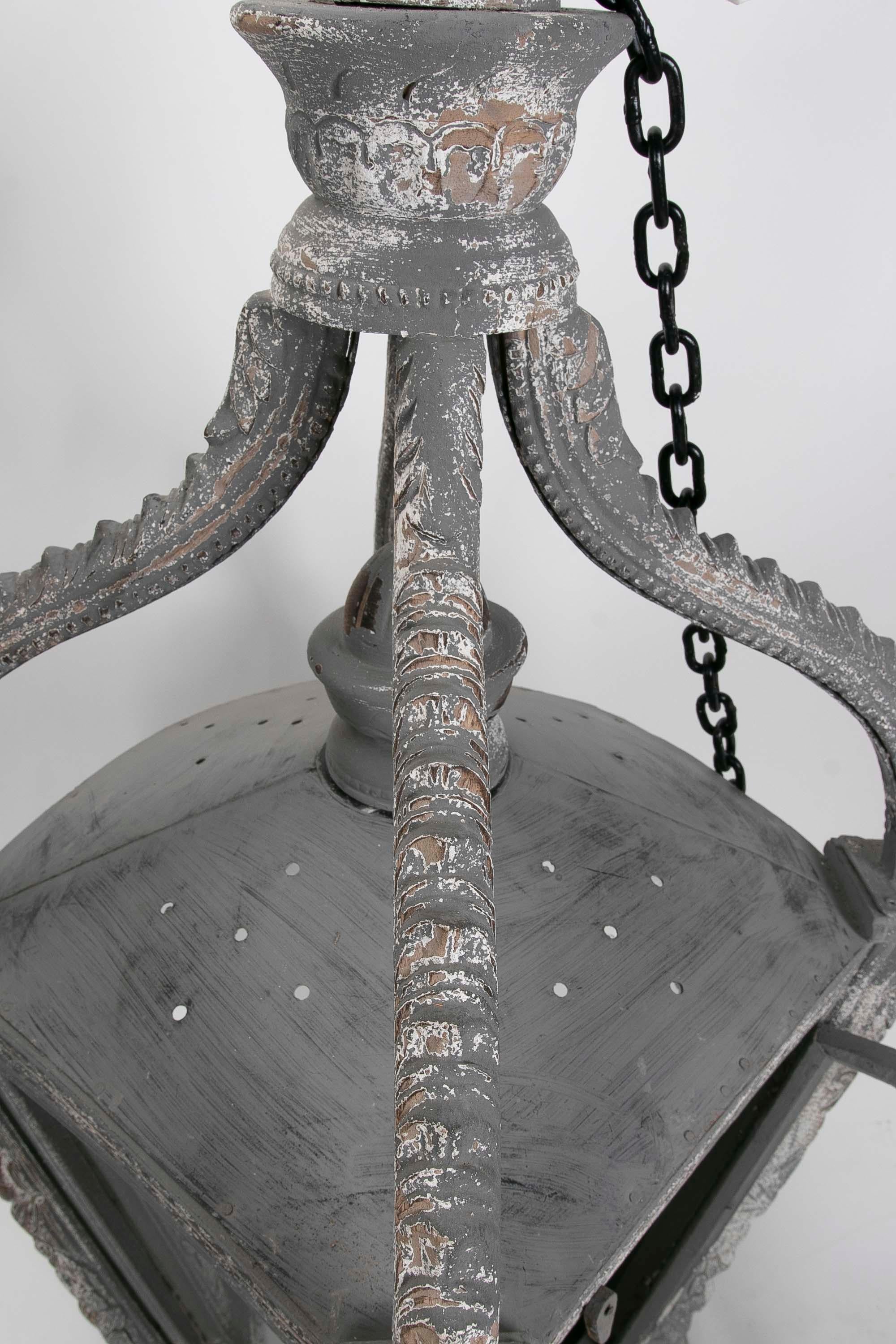 Contemporary Ceiling Lantern Carved in Wood with Antique Finish in Grey Tones For Sale
