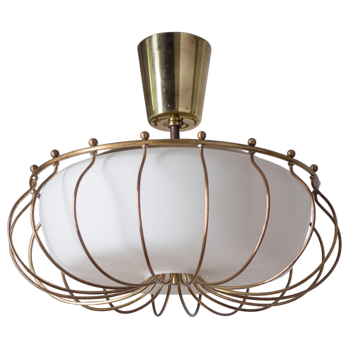 Ceiling Light, 1940s, Brass and Satin Glass