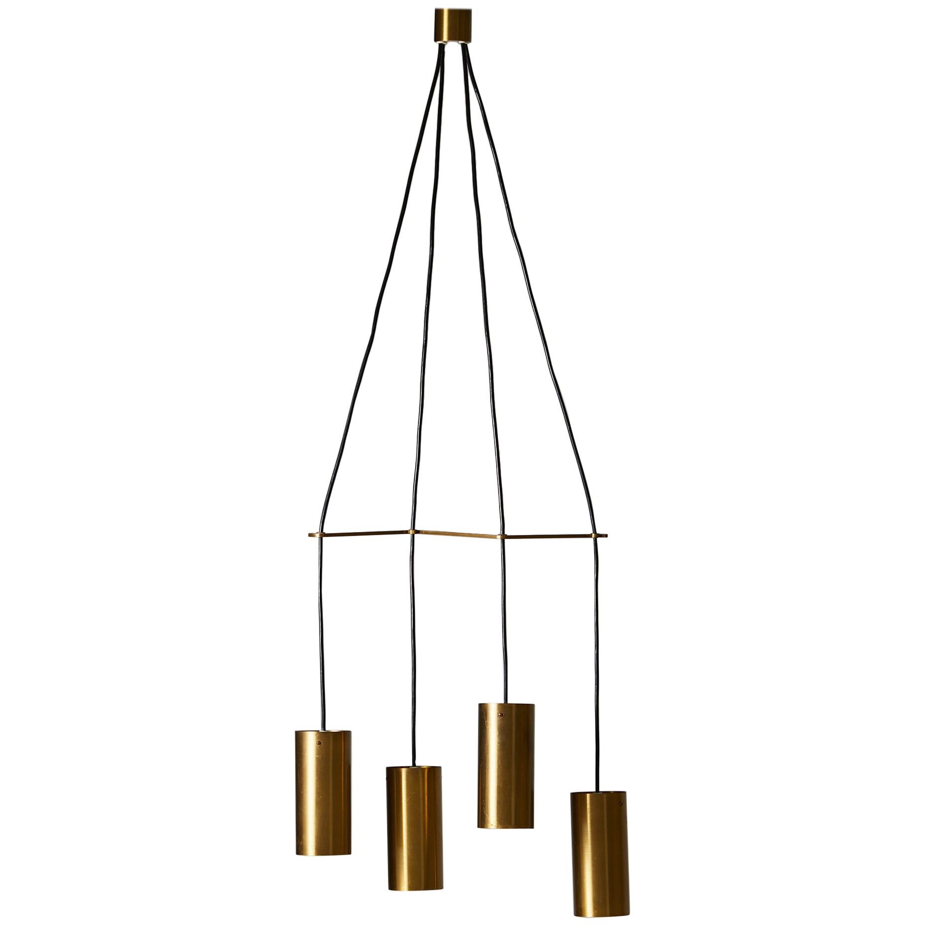 Brass Ceiling Light, Anonymous, Sweden, 1950s, Four Suspended Pendants, Nordic For Sale