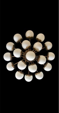 Ceiling light Brutalist 19 globe opaline glass and gilt gold structure , 1950s