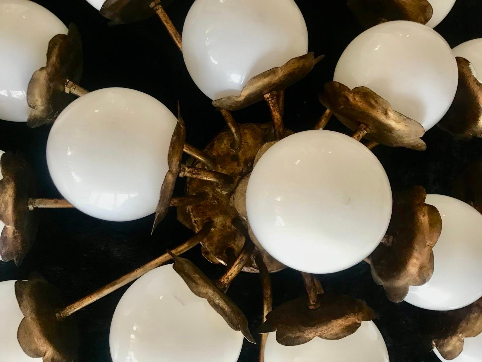 Spanish Ceiling light Brutalist 19 globe opaline glass and gilt gold structure , 1950s