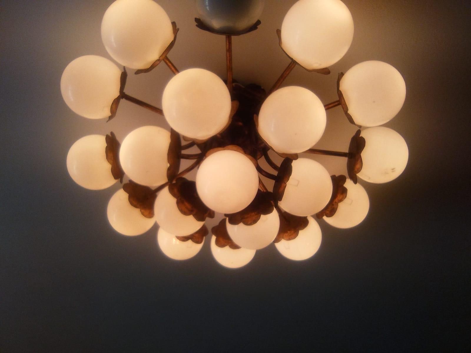 Frosted Ceiling light Brutalist 19 globe opaline glass and gilt gold structure , 1950s