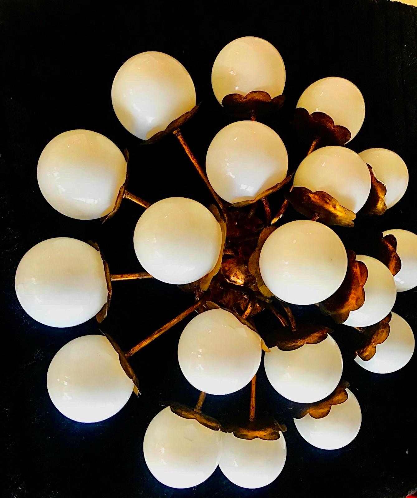 Ceiling light Brutalist 19 globe opaline glass and gilt gold structure , 1950s In Good Condition In La xara, VC