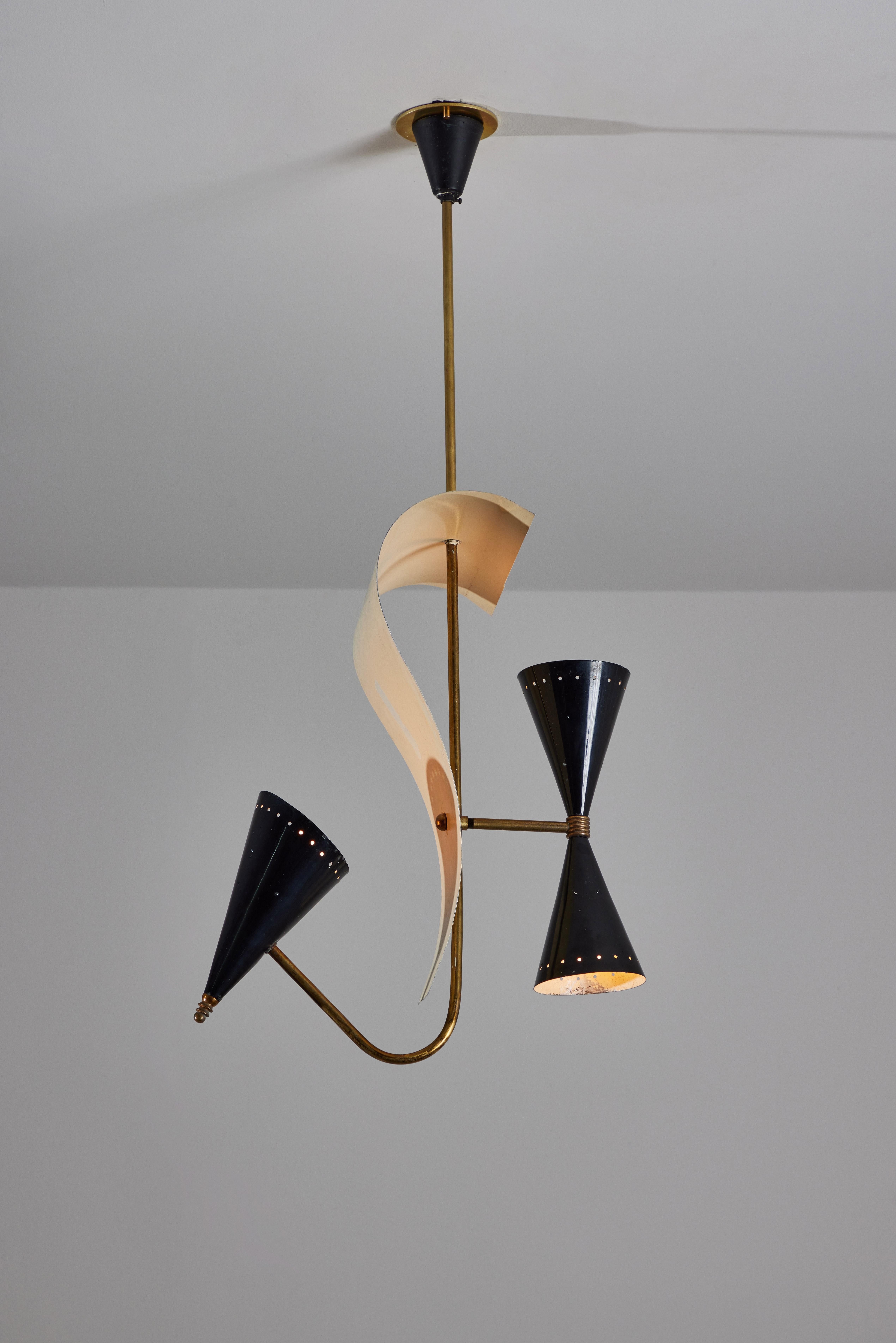 Ceiling light by Gilardi & Barzaghi. Designed and manufactured in Italy, circa 1950s. Enameled metal, brass, custom brass ceiling plate. Rewired for U.S. standards. We recommend three E14 40w maximum bulbs. Bulbs provided as a onetime courtesy.
