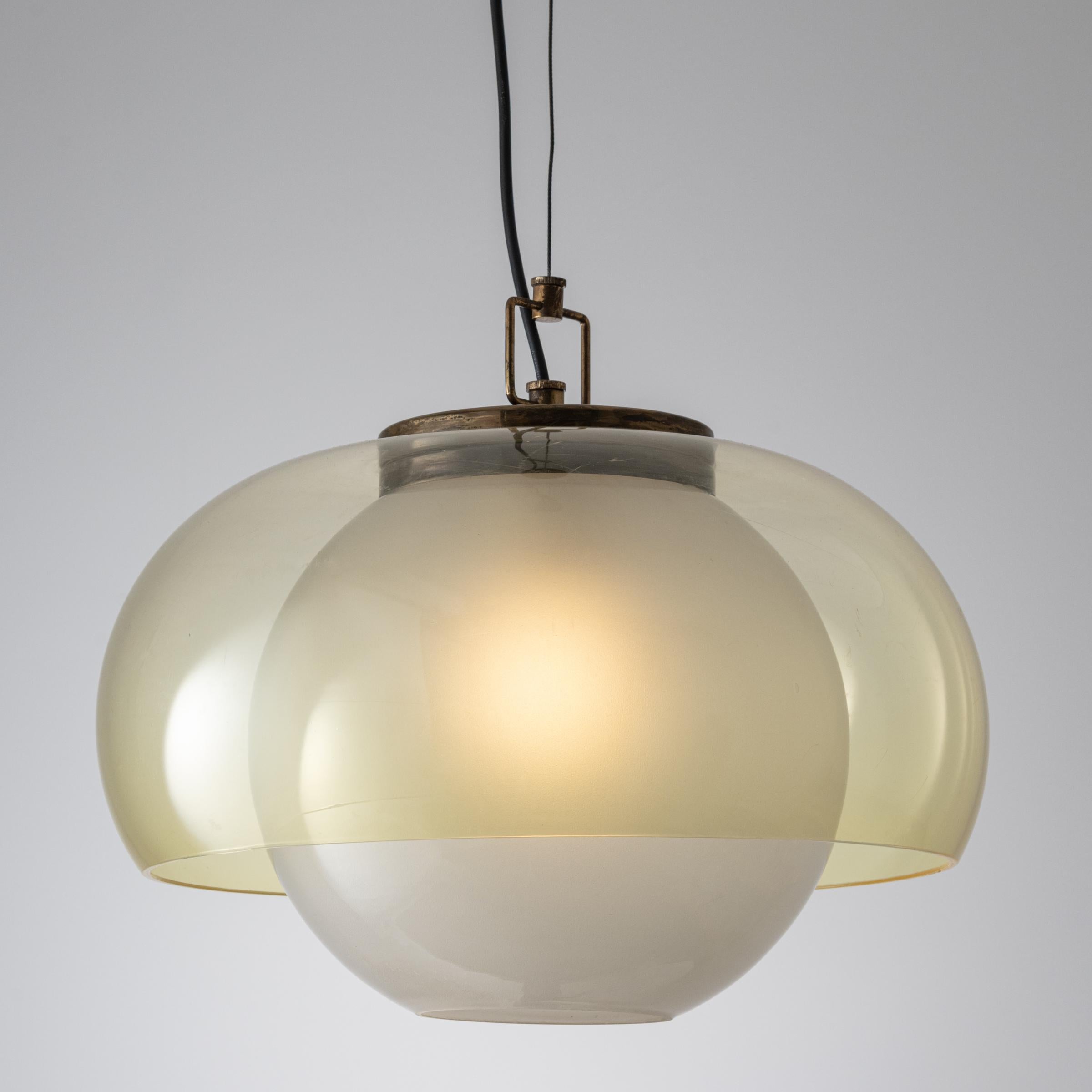 Ceiling Light by Giuseppe Ostuni for Oluce. Designed and manufactured in Italy, 1958. Plexiglas, glass, white, matted, brass. Wired for U.S. standards. Custom brass backplate. We recommend Lamping: 120v 1 Qty E27 socket w/ 60w frosted bulb. Bulb not