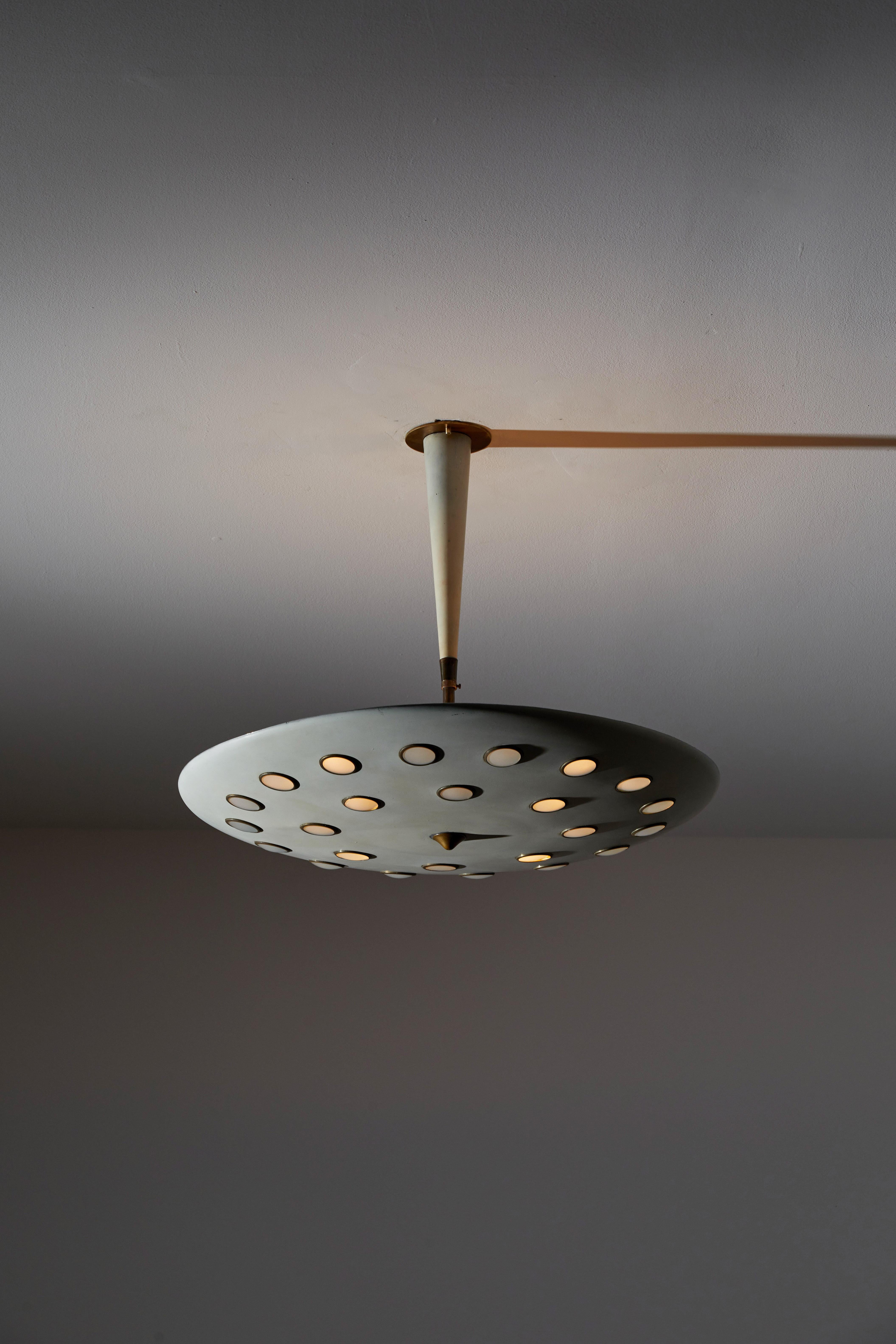 Ceiling light by Lumen. Designed and manufactured in Italy, circa 1960s. Lacquered metal, glass and brass. Custom brass ceiling plate. Rewired for U.S. standards. We recommend three E27 100w maximum bulbs. Bulbs provided as a one time courtesy.