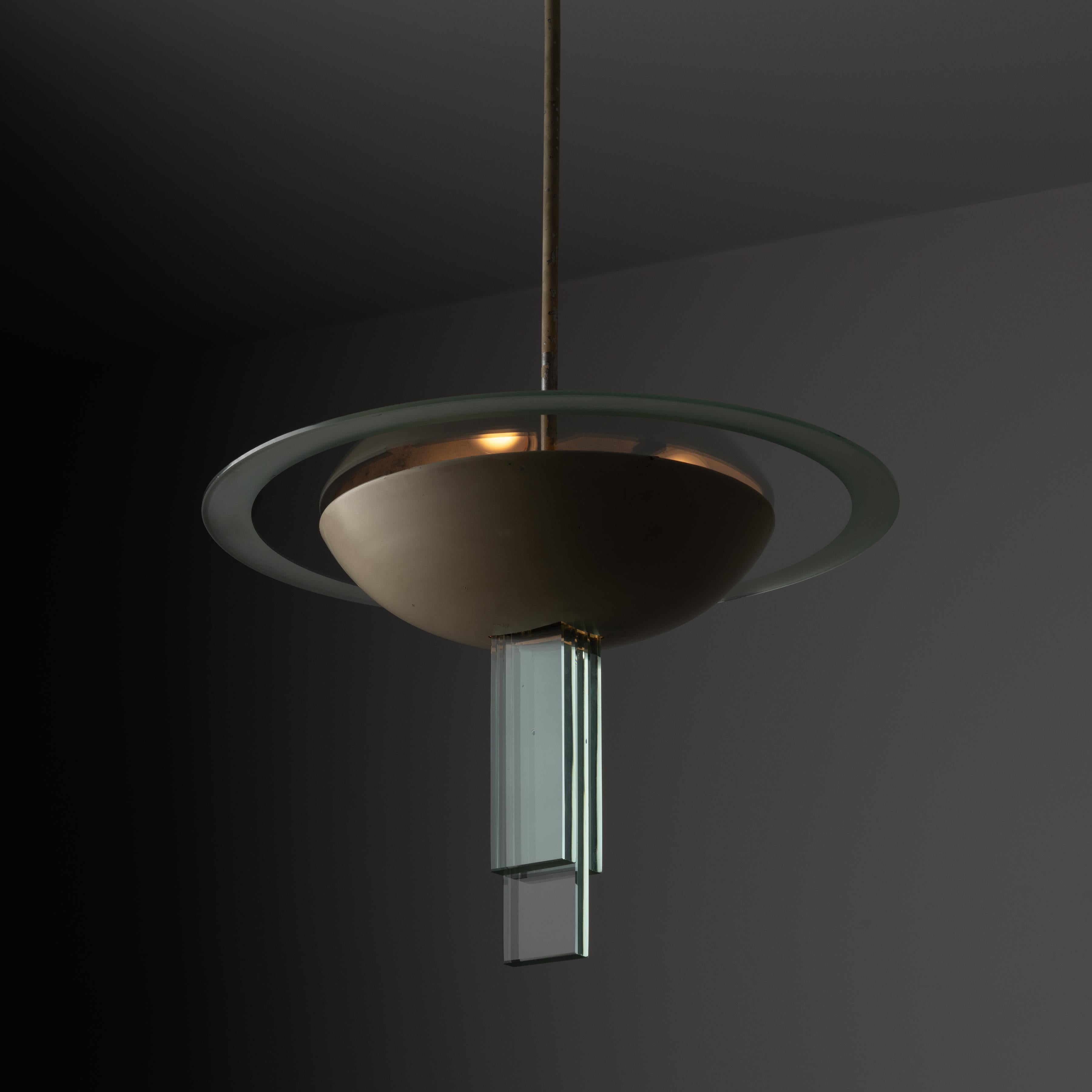 Ceiling Light by Pietro Chiesa for Fontana Arte. Designed and manufactured in Italy circa 1940. A timeless and sculptural ceiling light with signature Fontana Arte glass detailing and enameled brass dome shade. This piece holds three E27 bulbs,