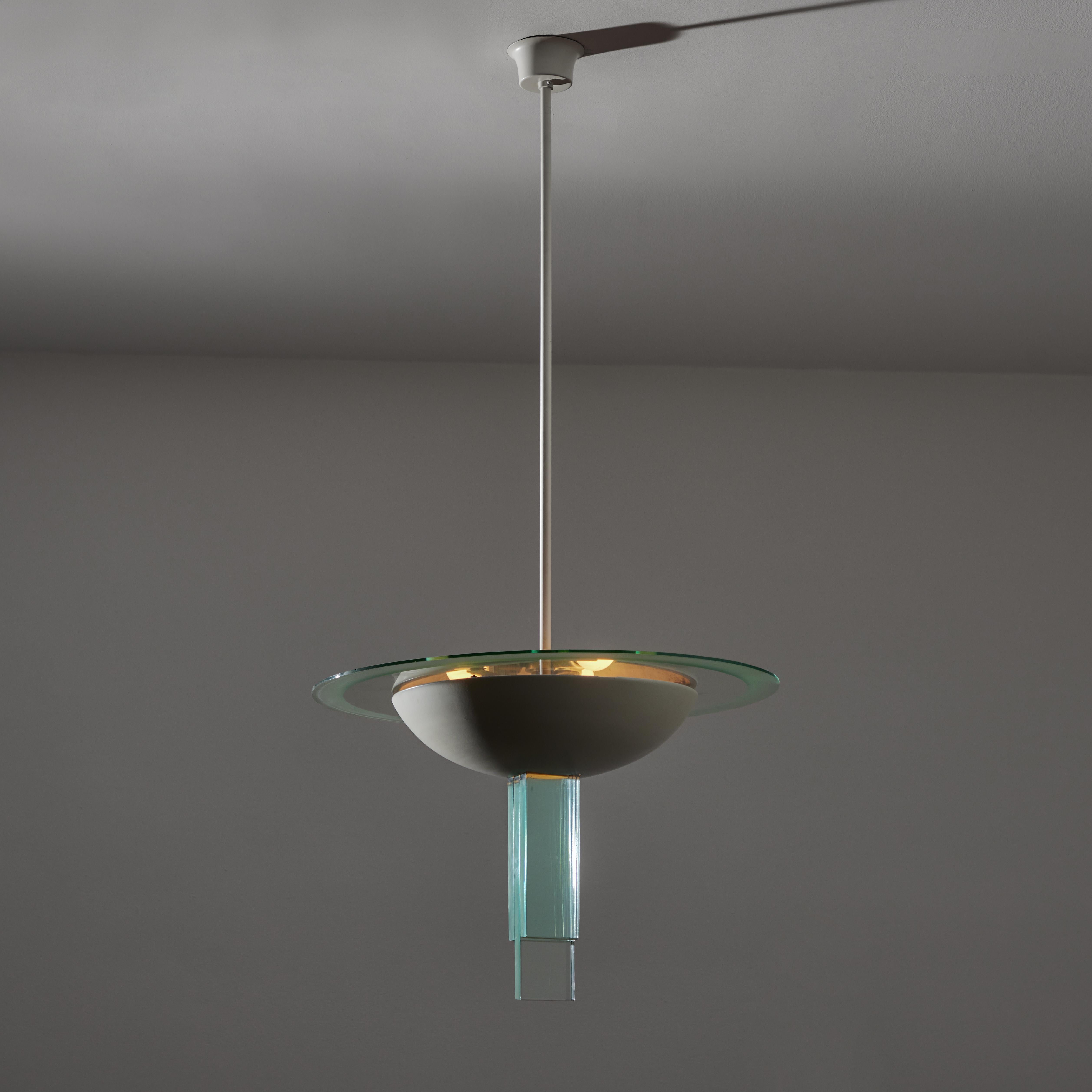 Ceiling Light by Pietro Chiesa for Fontana Arte. Designed and manufactured in Italy circa the 1950s. A timeless and sculptural ceiling light with signature Fontana Arte glass detailing and enameled brass dome shade. This piece holds three E27 bulbs,
