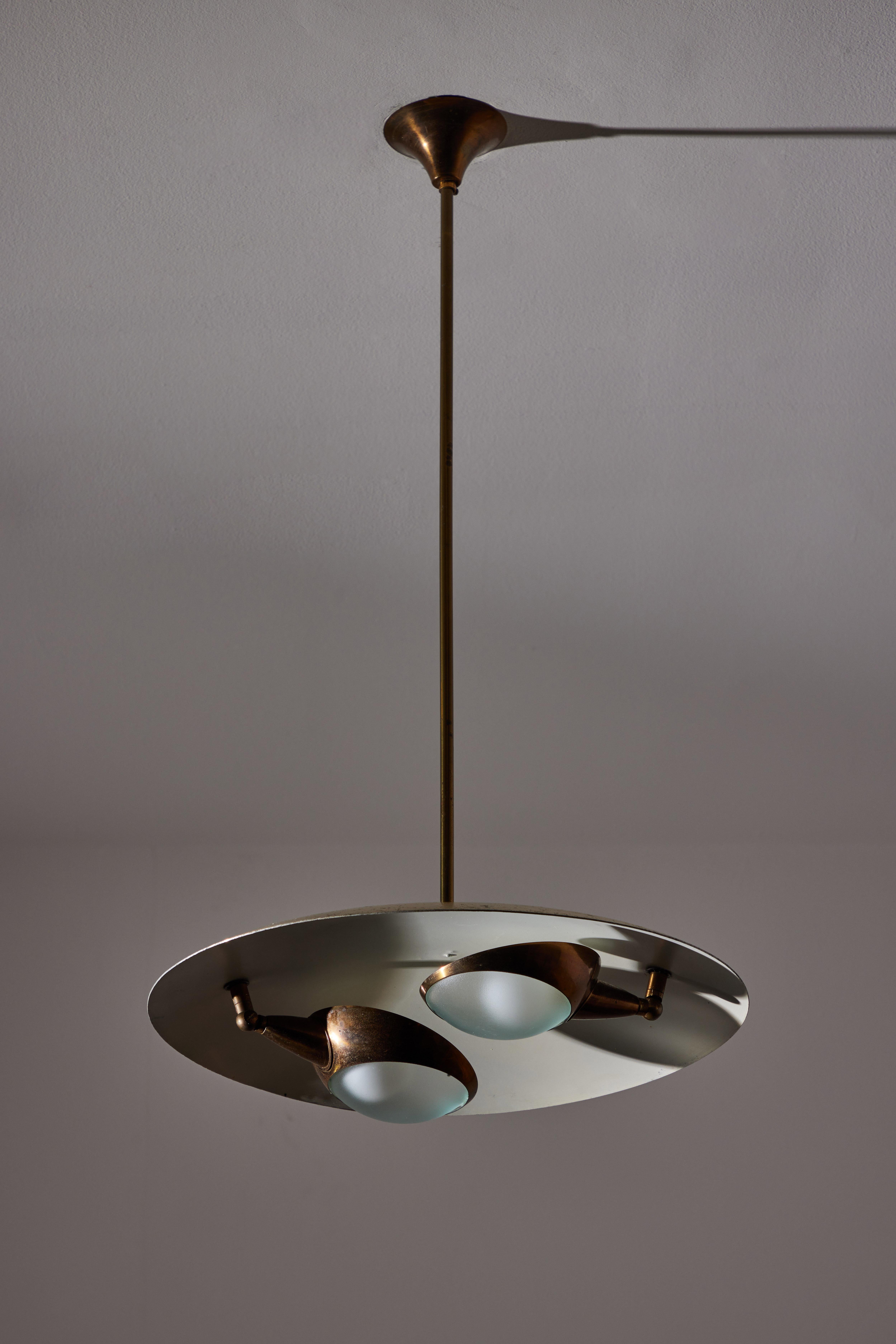 Ceiling light by Stilnovo. Manufactured in Italy, circa 1950's. Enameled metal, brass, glass. Wired for U.S. standards. Original canopy, custom brass backplate. We recommend two E14 60w maximum candelabra bulbs. Bulbs provided as a one time courtesy.