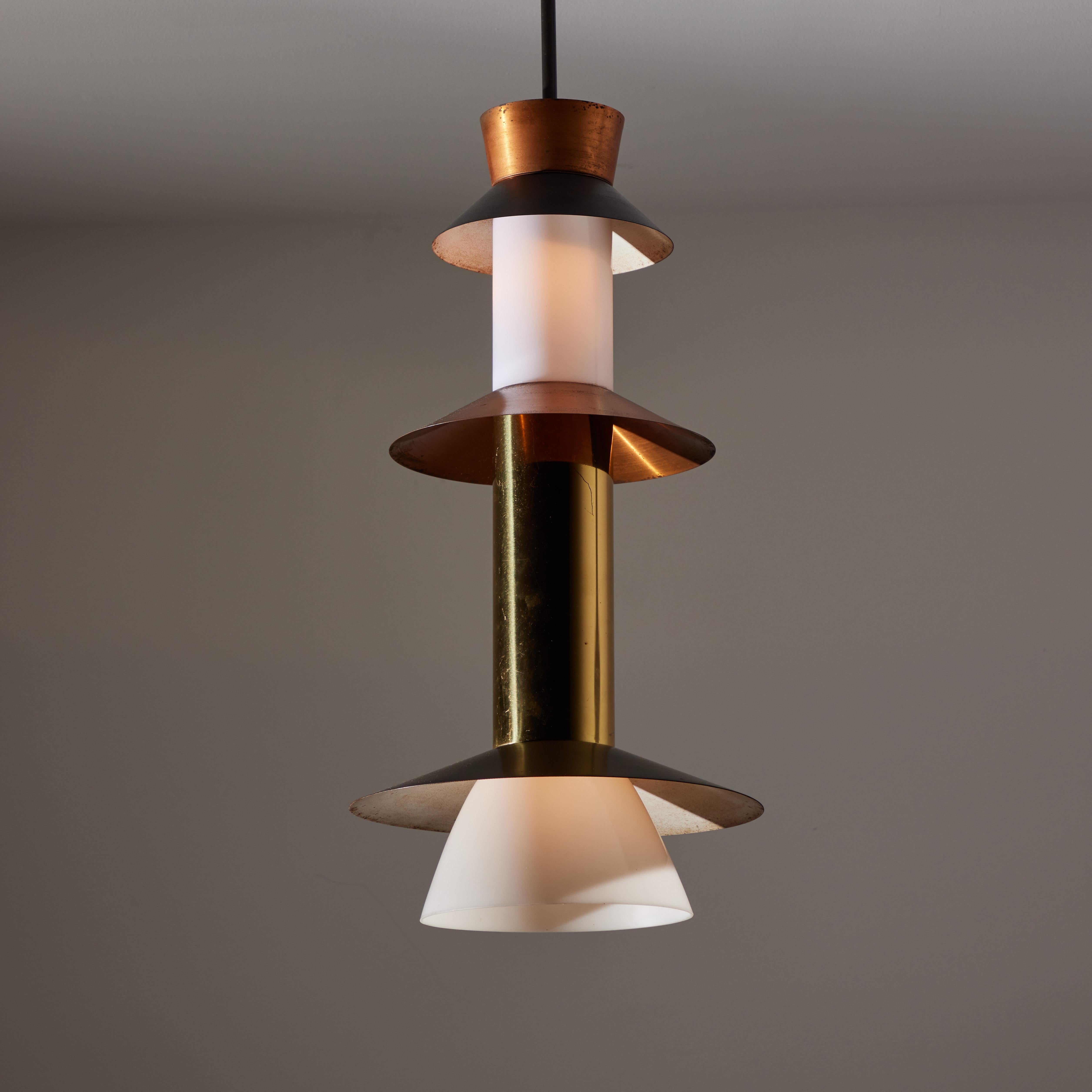 Ceiling light in the style of Stilnovo. Manufactured in Italy, circa 1950's. Copper, brushed stain glass, painted metal. Original canopy. Rewired for U.S. standards. We recommend one E27 60w maximum bulb. Bulbs provided as a one time courtesy.