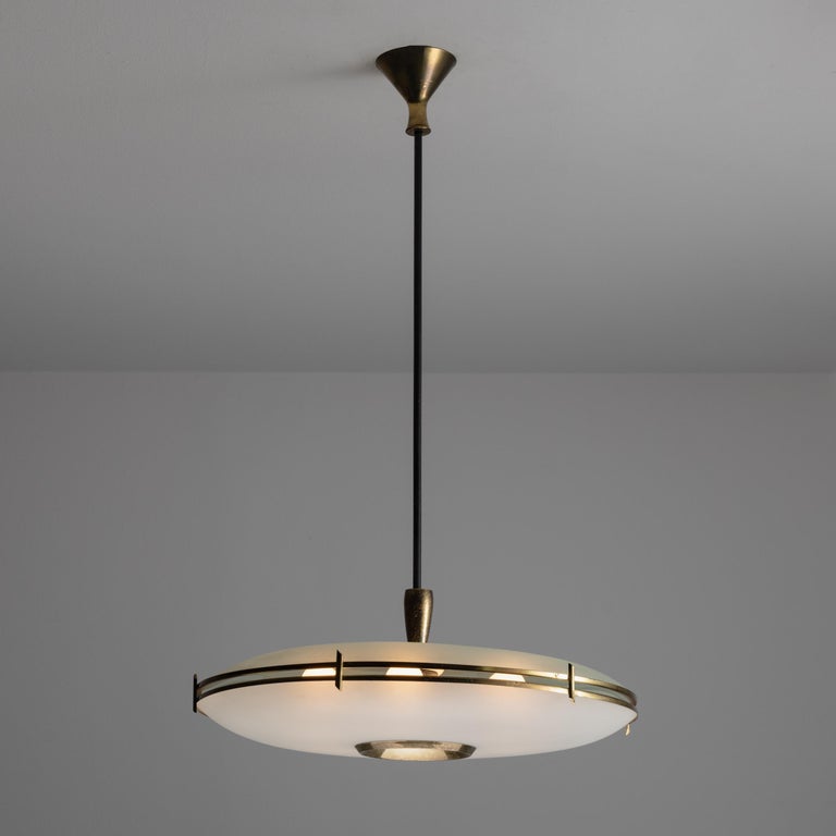 Stilnovo Ceiling Light. Frosted glass and aged brass. Original canopy. Rewired for U.S. standards. We recommend six Qty E14 Sockets 10W. Lightbulbs not included. 

