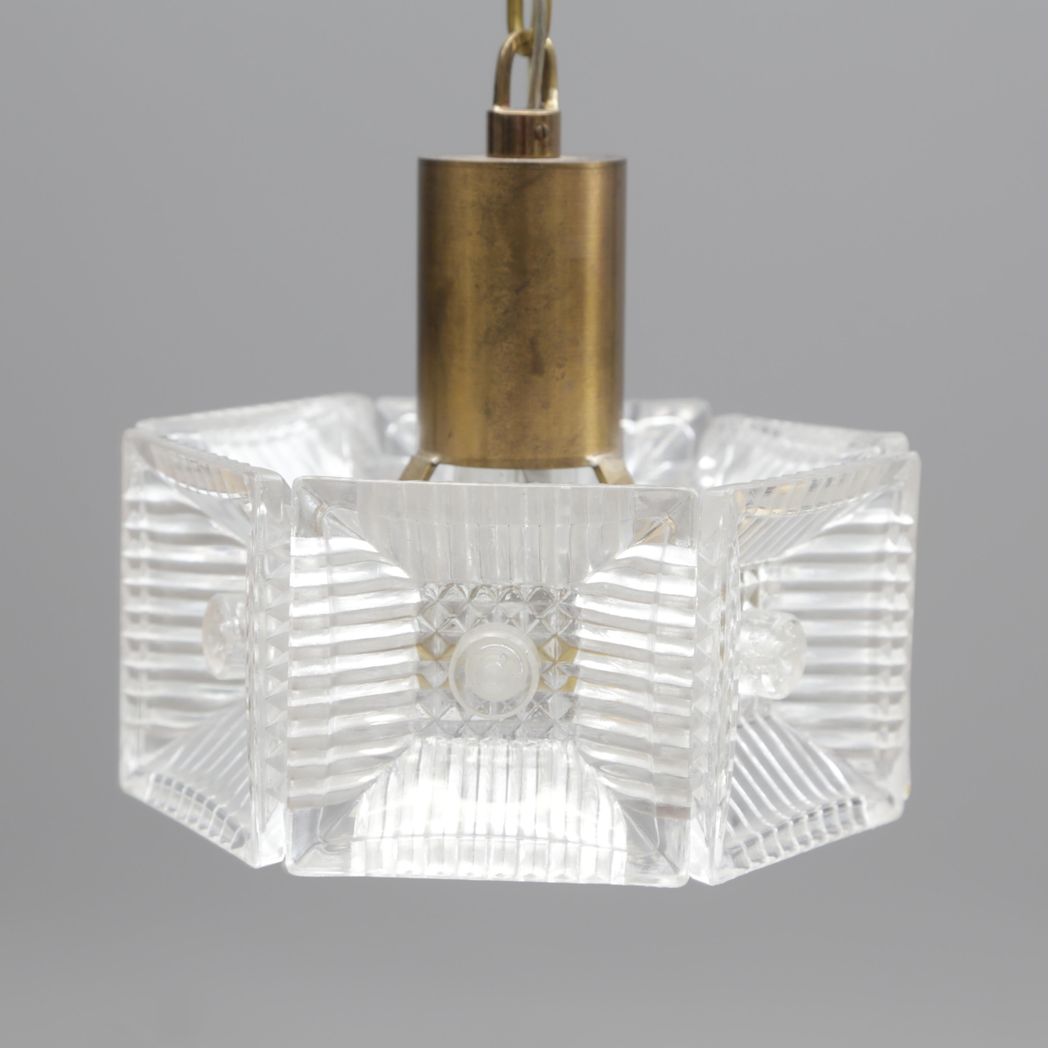 Swedish Ceiling Light Carl Fagerlund for Orrefors Brass and cast glass Sweden 1960 For Sale