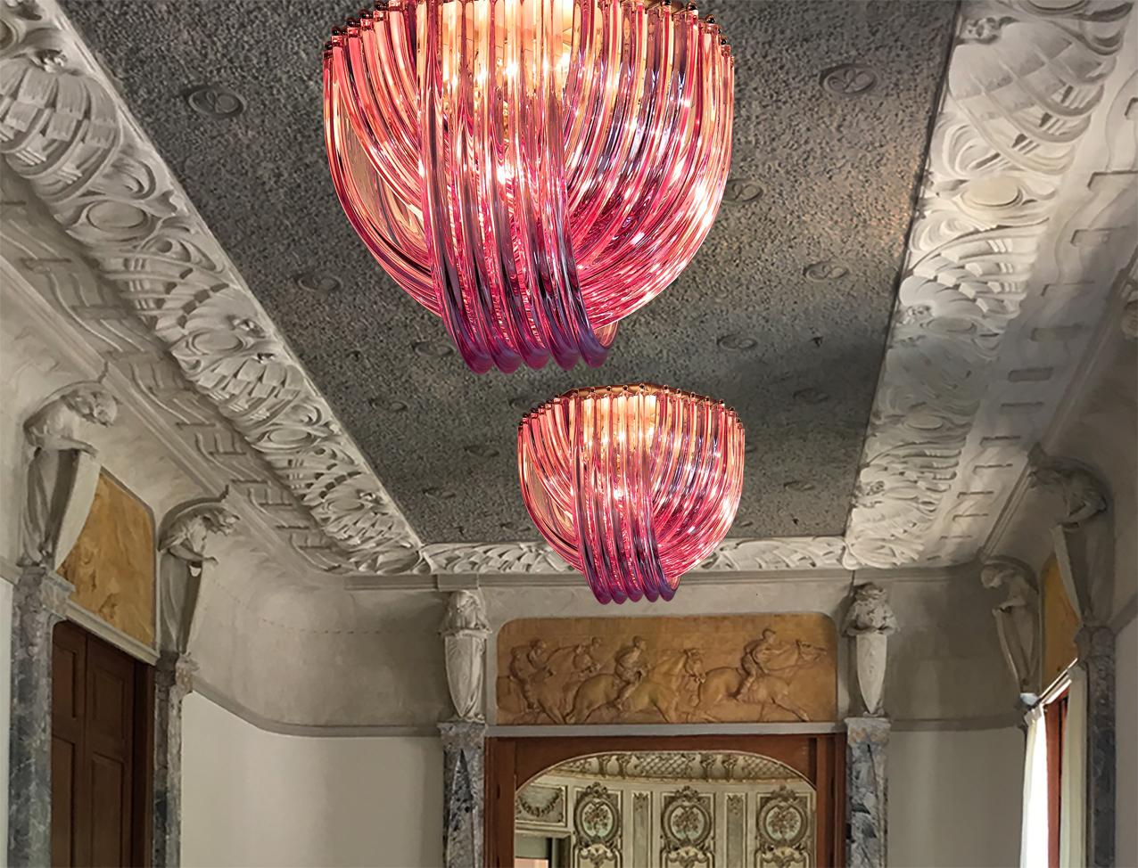 Ceiling Light Chandelie, Pink Triedri, 20 Murano Glasses 7