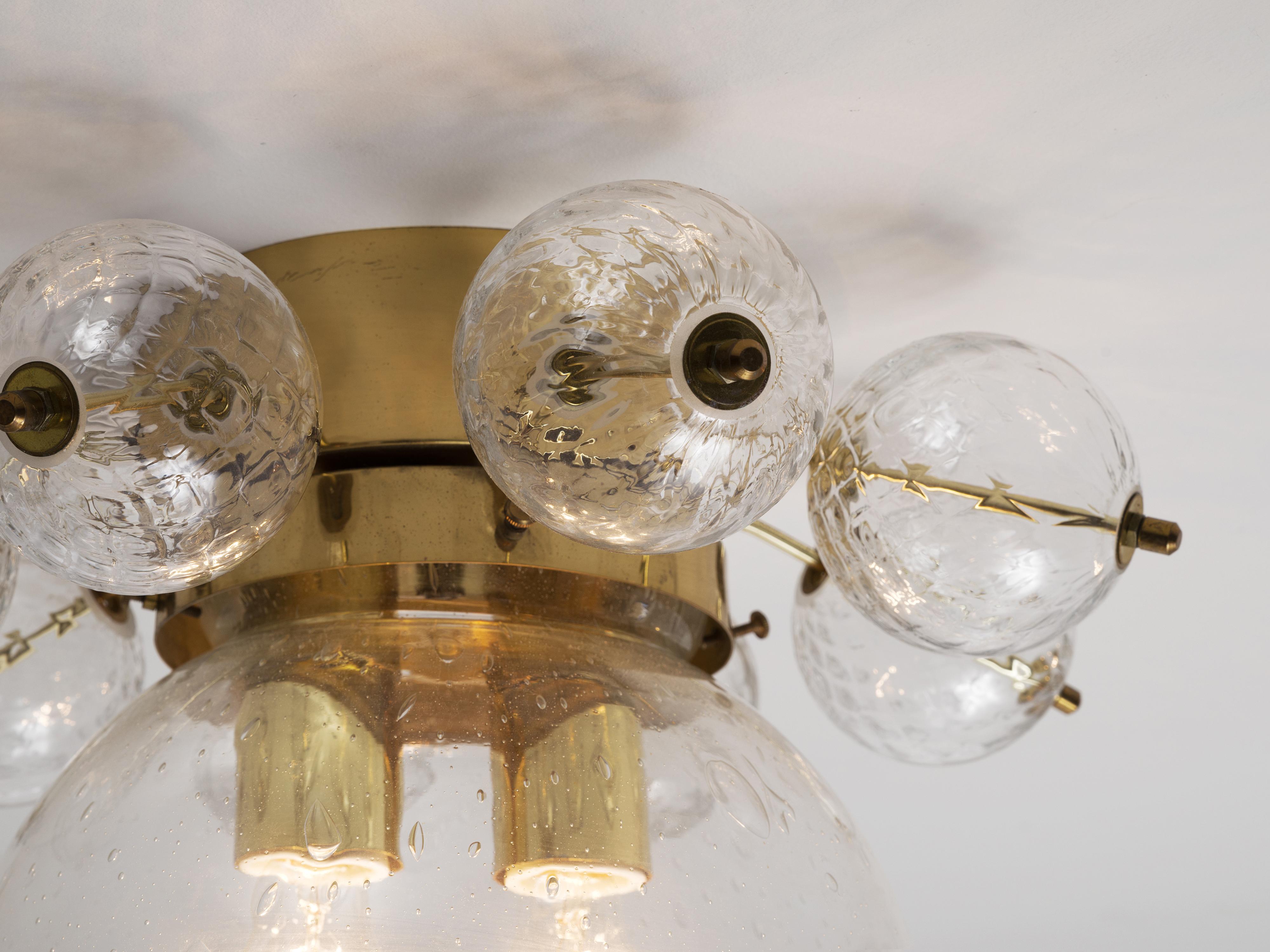 Mid-Century Modern Ceiling Light in Brass and Structured Clear Glass  For Sale
