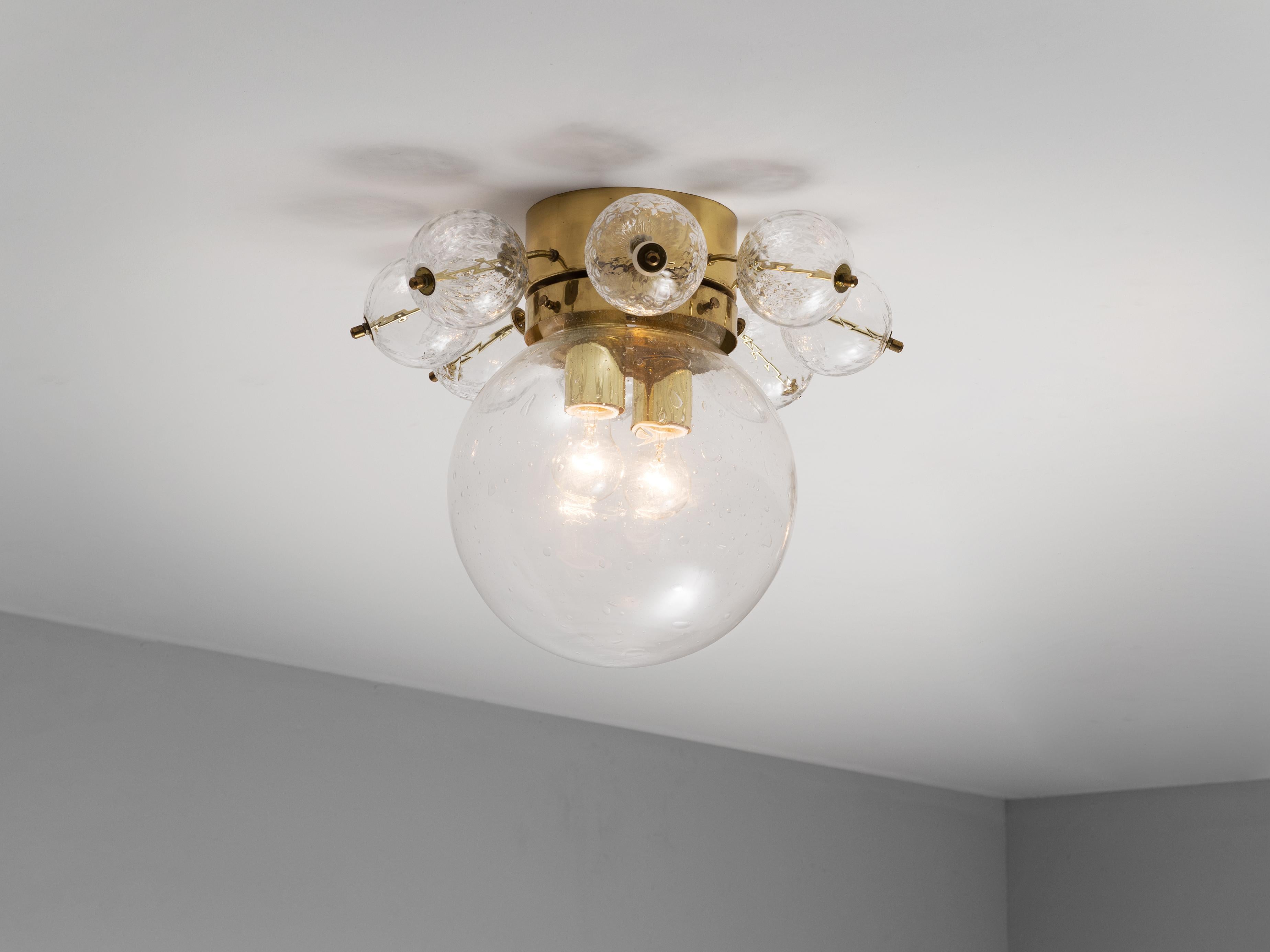 European Ceiling Light in Brass and Structured Clear Glass  For Sale