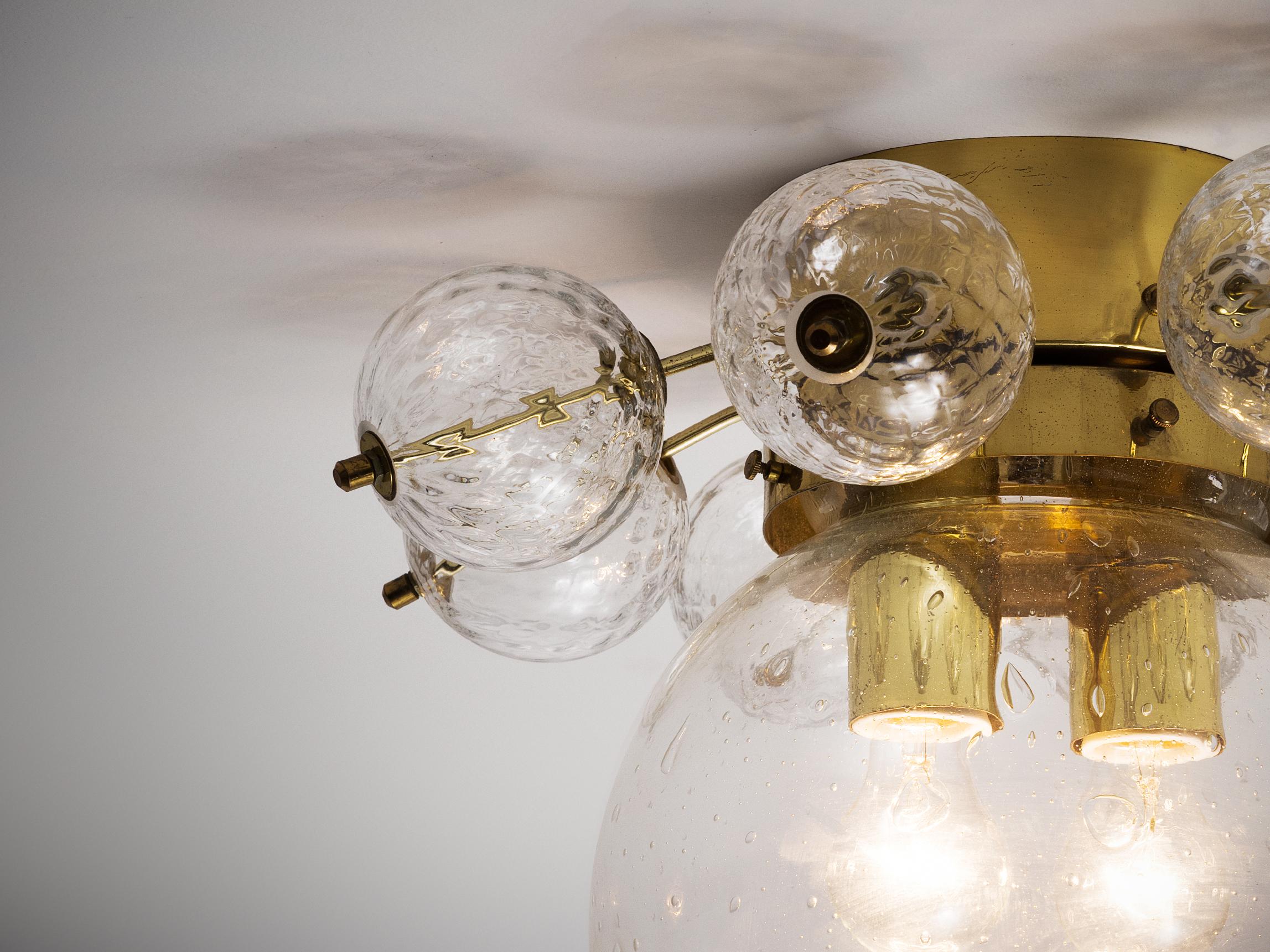 Ceiling Light in Brass and Structured Clear Glass  In Good Condition For Sale In Waalwijk, NL