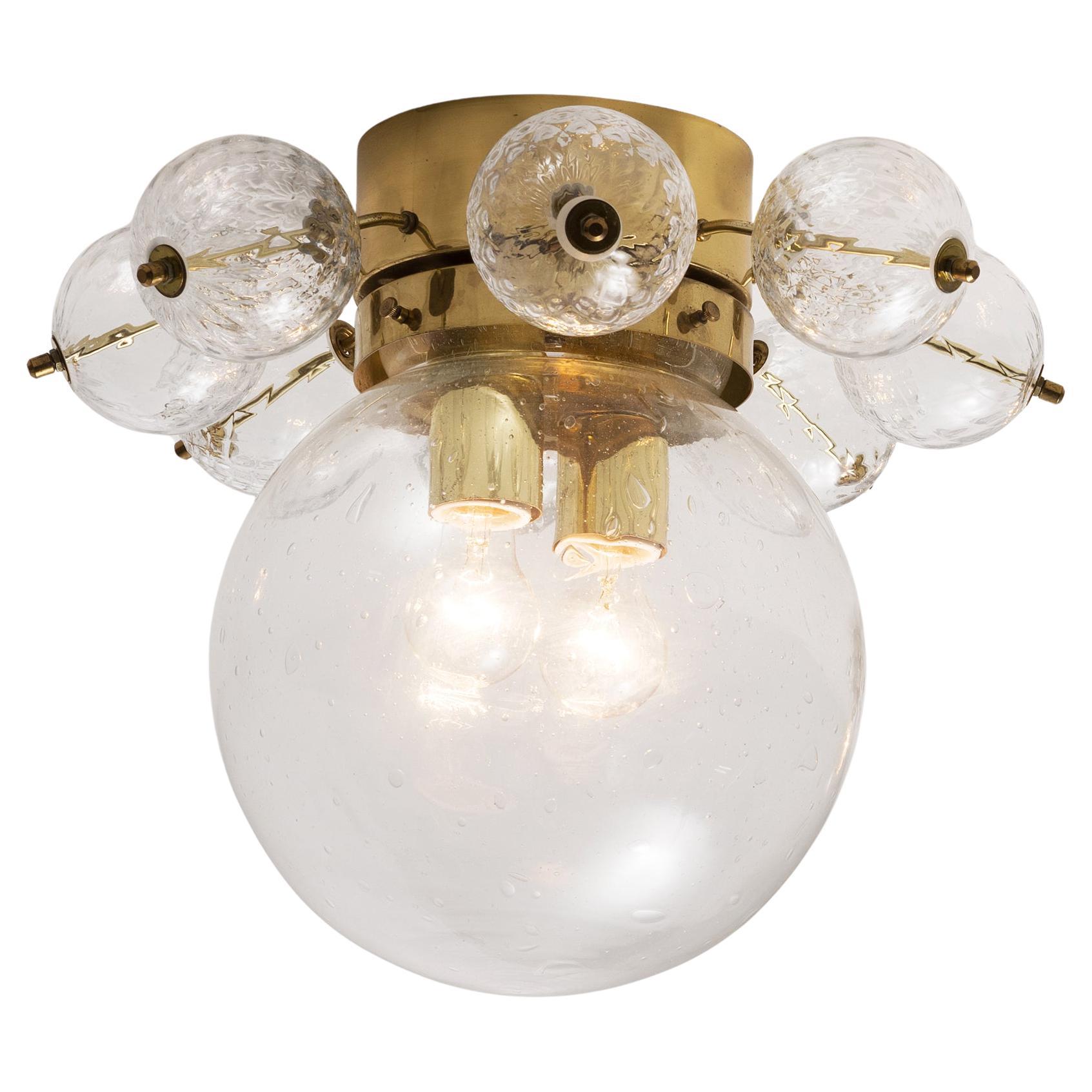 Ceiling Light in Brass and Structured Clear Glass  For Sale