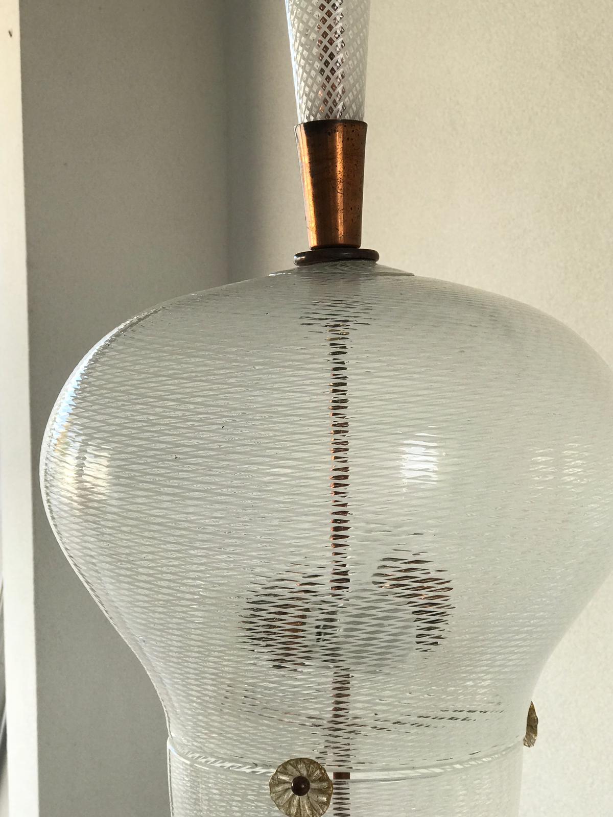 Handblown glass sphere and conical shaft attributed to Carlo Scarpa for Venini. Amazing execution in Reticello glass.