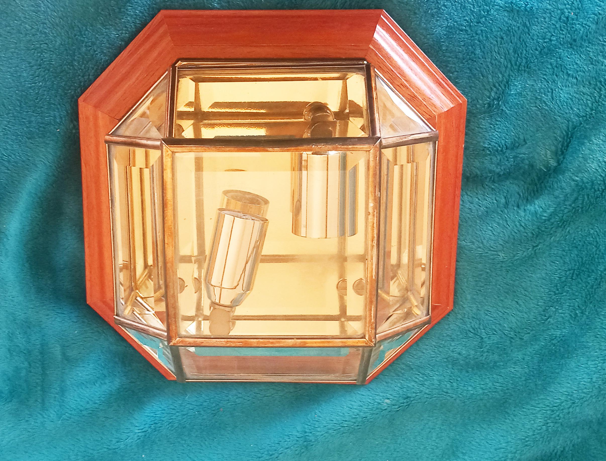 Wall Sconce  or  Flush Mount   Brass Glass and Wood , Mid-20th Century For Sale 10