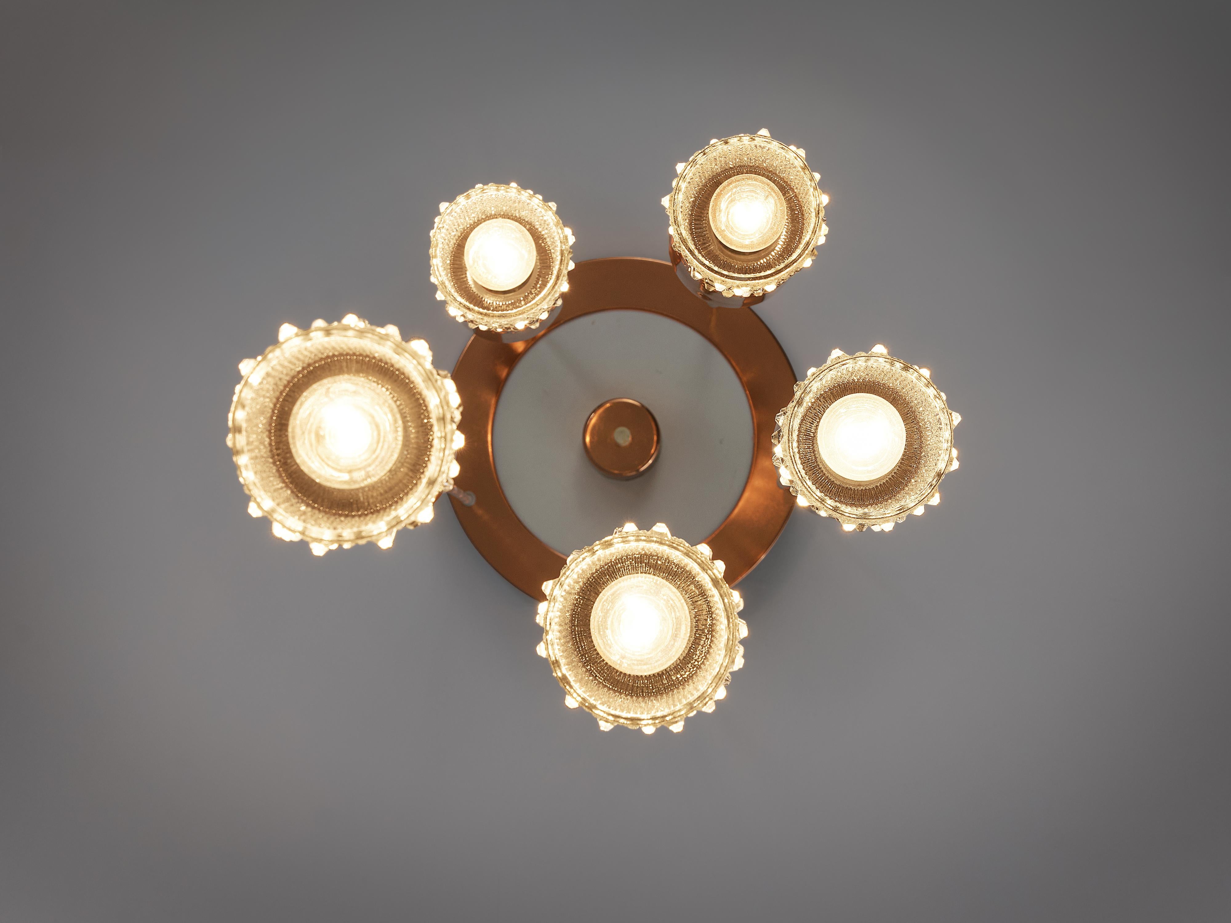 Mid-Century Modern Ceiling Light with Five Pendants in Copper and Glass For Sale