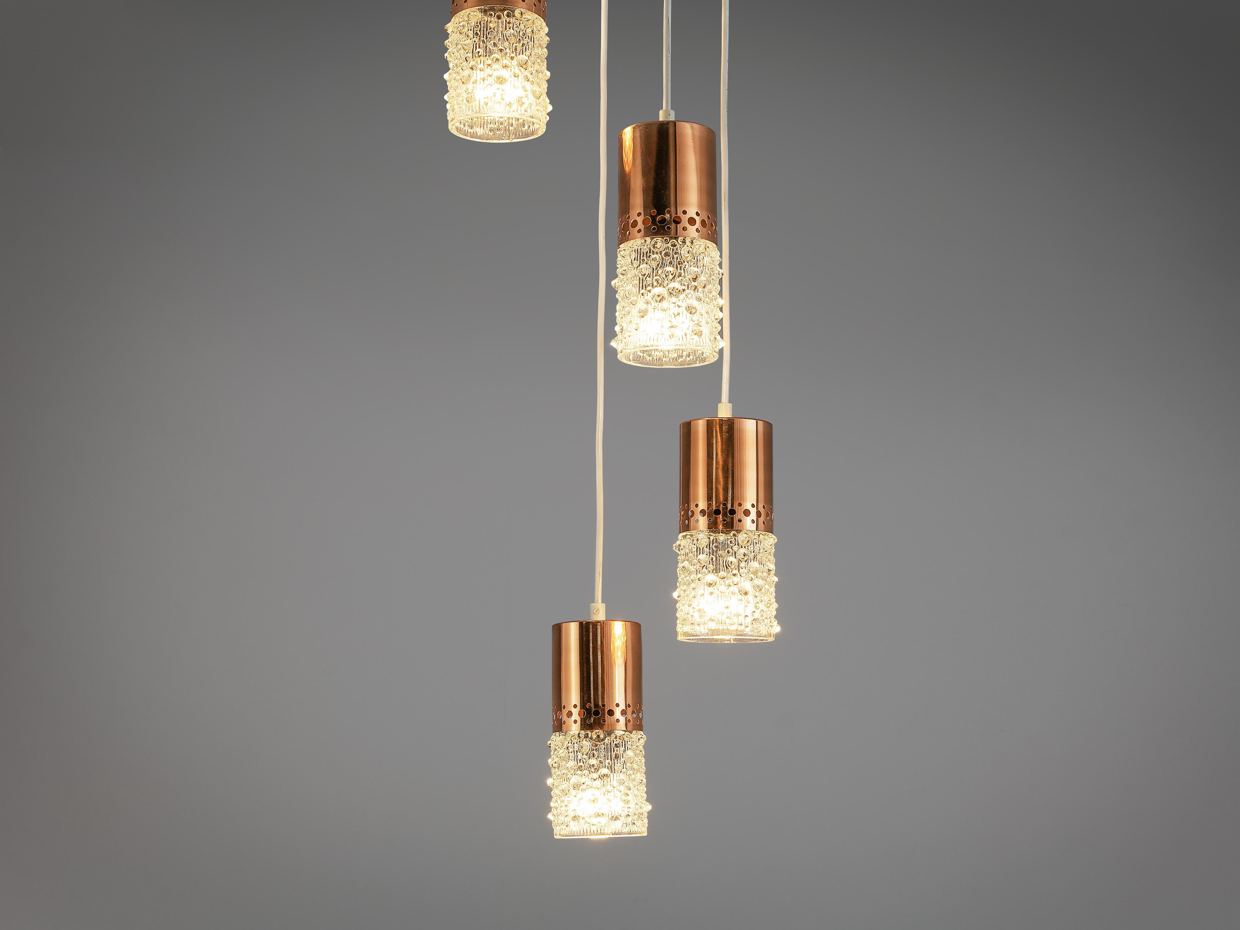 European Ceiling Light with Five Pendants in Copper and Glass For Sale