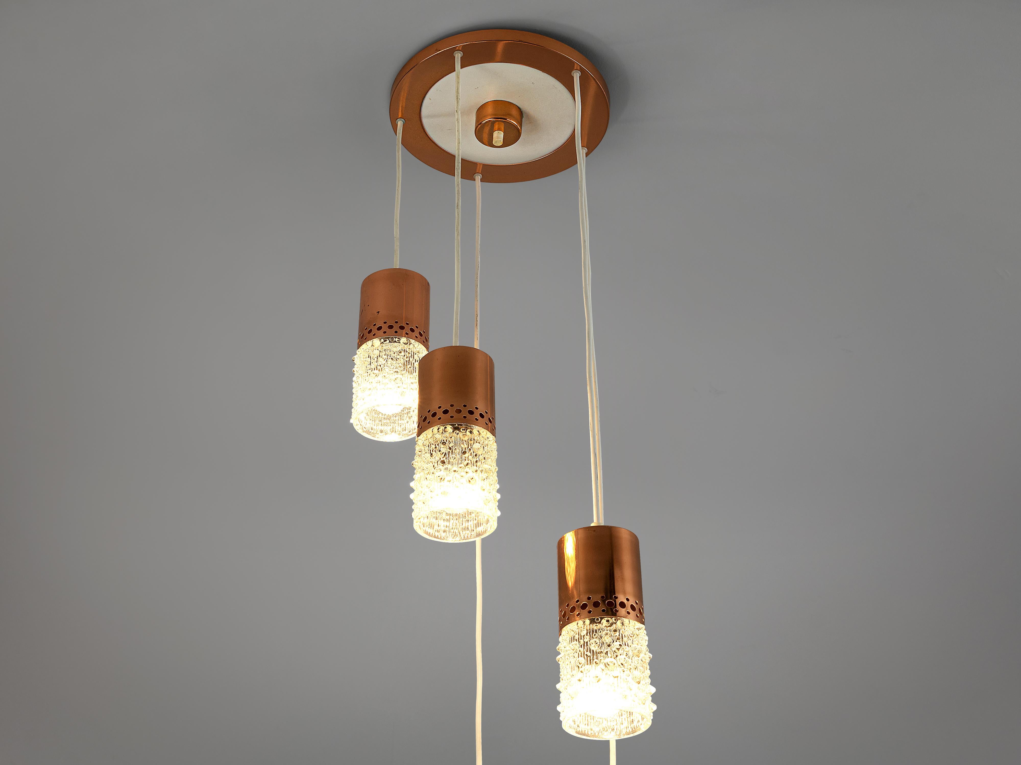 Late 20th Century Ceiling Light with Five Pendants in Copper and Glass For Sale
