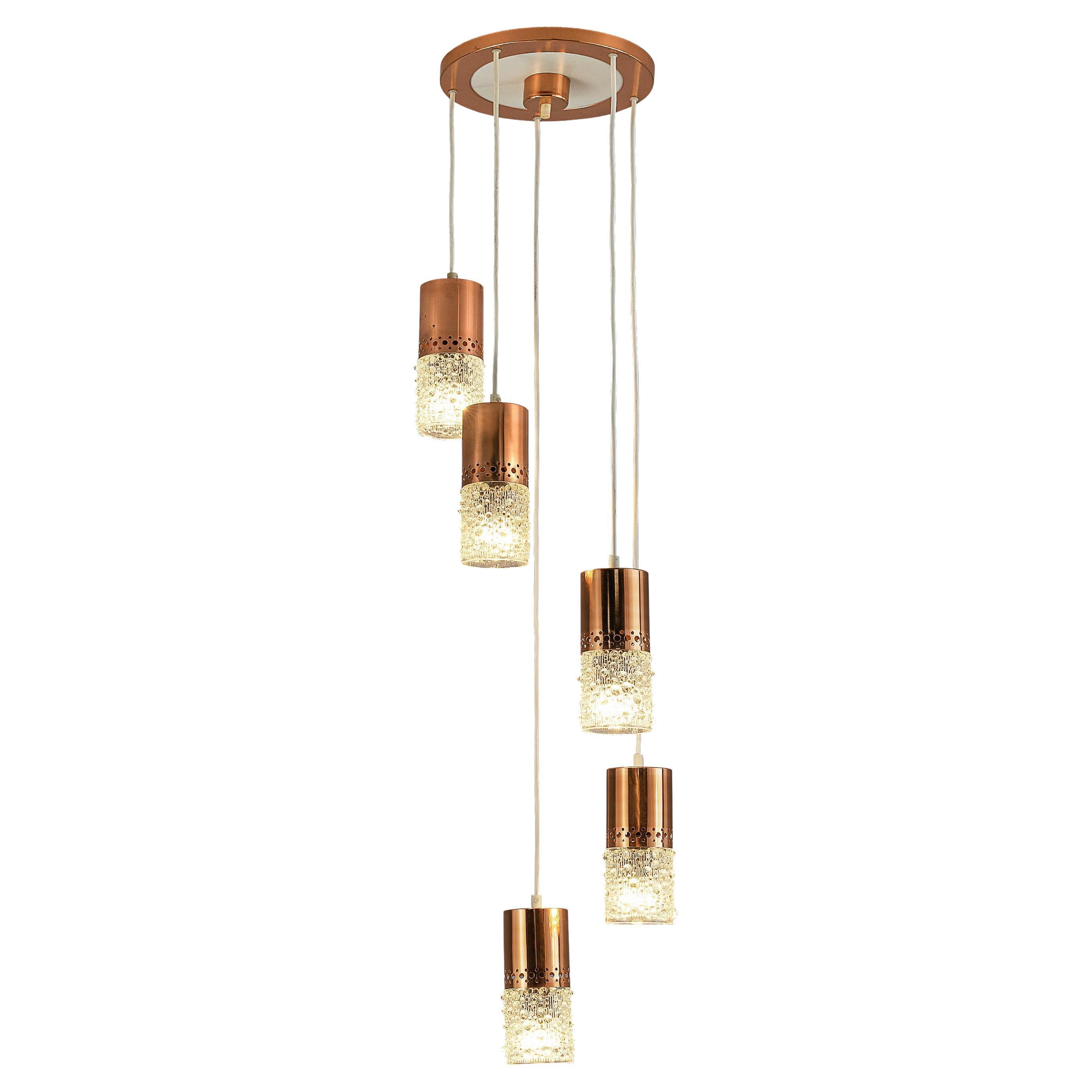 Ceiling Light with Five Pendants in Copper and Glass For Sale