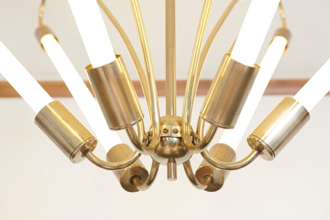 Restored & Revised: Rare 1950s ceiling lamp KARL, polished brass, 6 wide fluorescent tubes for bright, soft light, economical, 6x 18W, all ballasts replaced, all tubes (827 warm white, also available in stores) & starters (Philips) have been