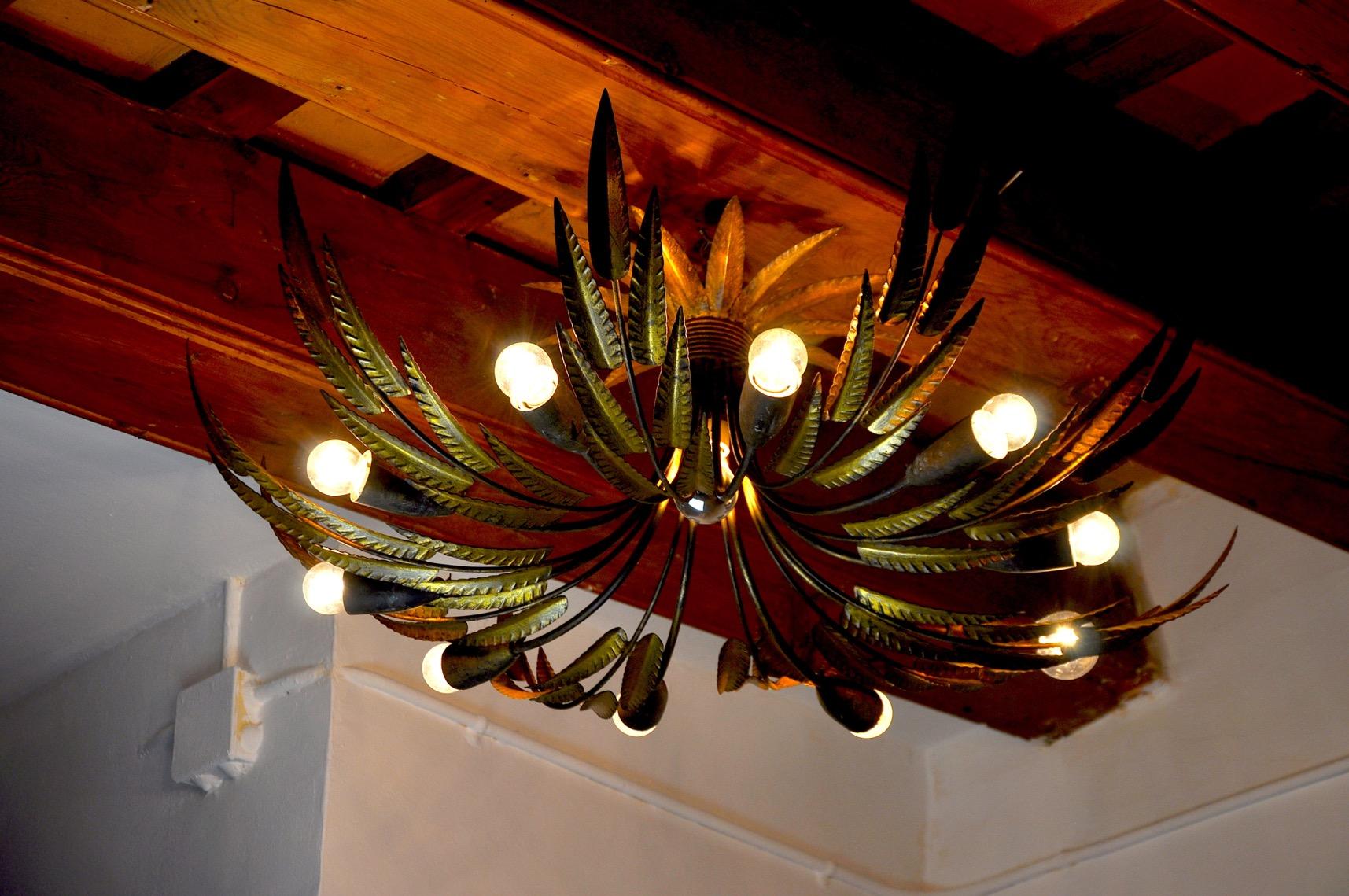 Metal Ceiling Light XXL Sun Ferroarte, 11 Lights, Spain, 1960 For Sale