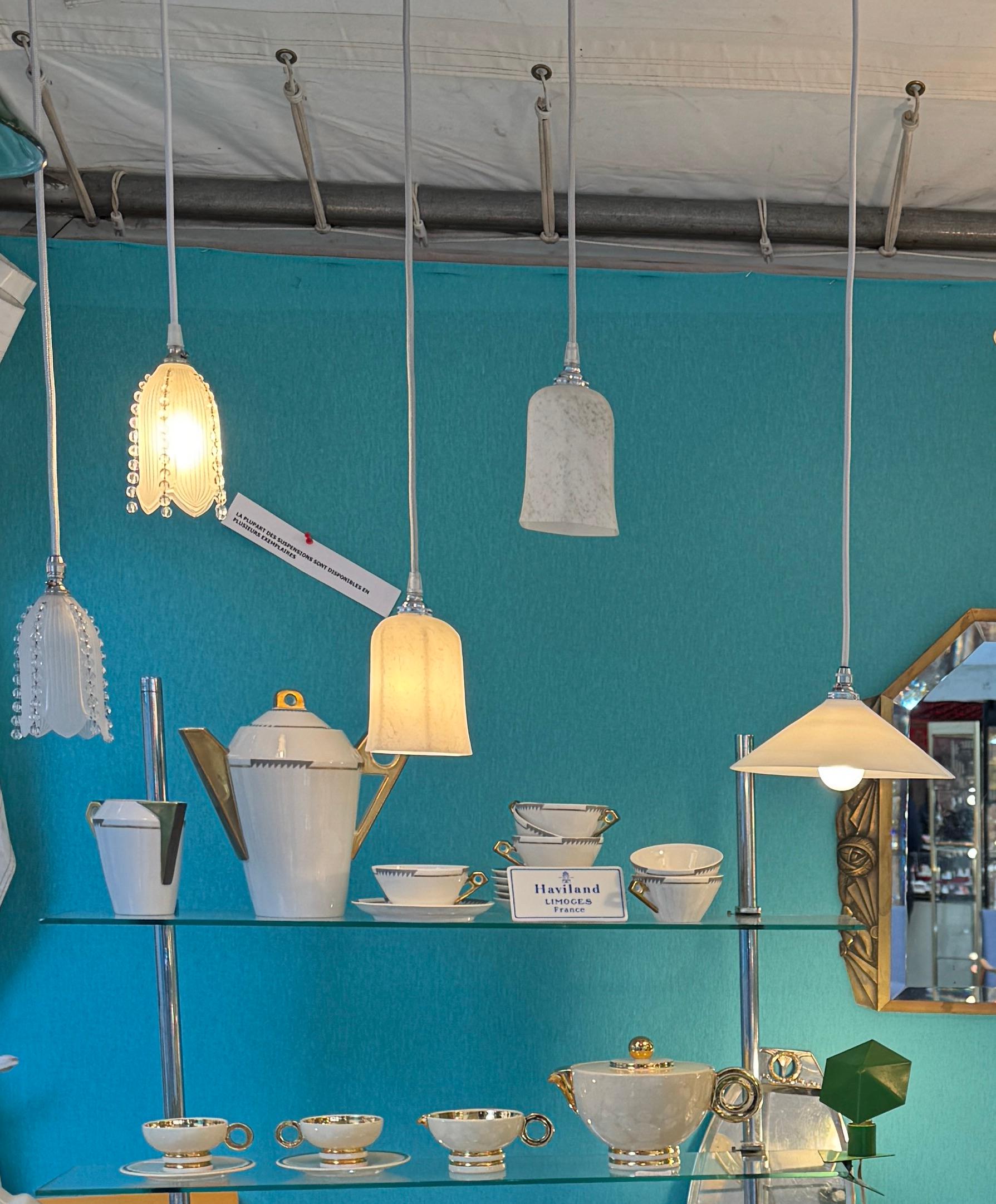 Ceiling Lights Circa 1920, White Glass With Veins Like Marble, Series Available In Excellent Condition For Sale In Crespières, FR