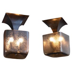 Ceiling lights in etched glass and Seguso metal, set of 2