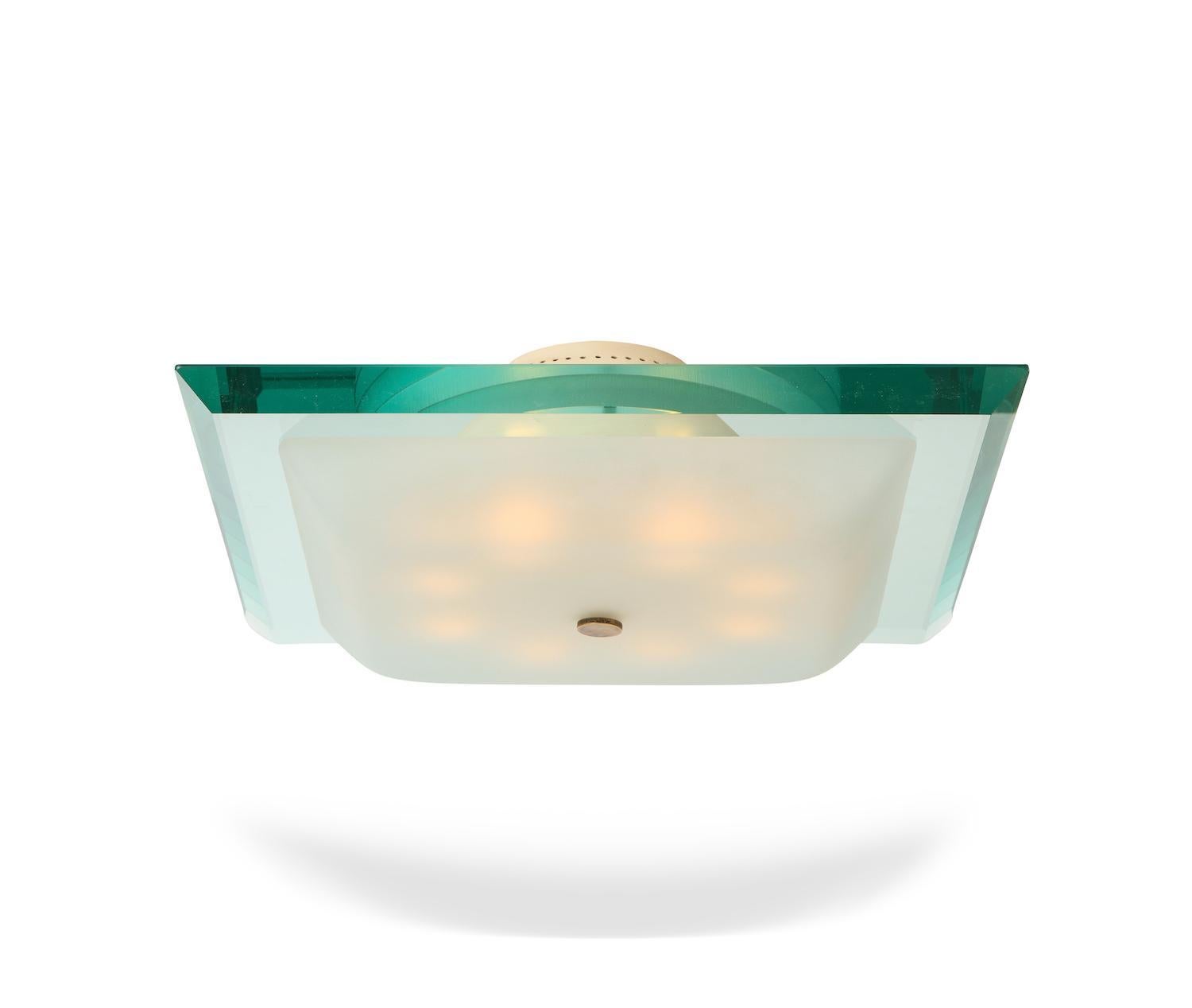 Painted metal, brass, frosted glass, glass. Elegant and compact fixture with 8 Edison sockets, thick beveled glass and frosted glass shade. Can be used as a flush mount or hang off the ceiling. Very good vintage condition. Painted metal has been