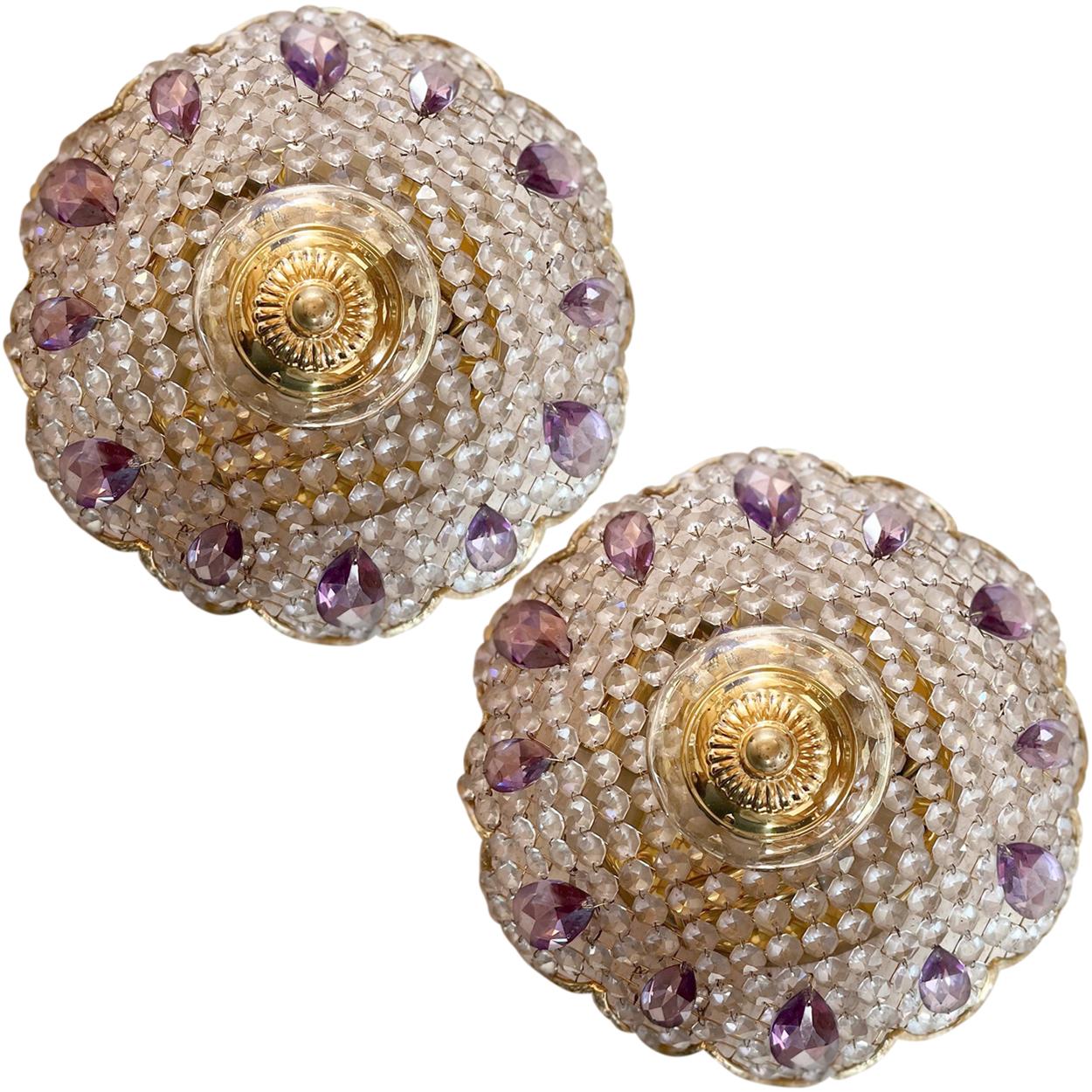 Mid-Century Modern Ceiling Lights/Wall Sconces Crystal Clear and Purple, Glass Gold Pated by Palwa