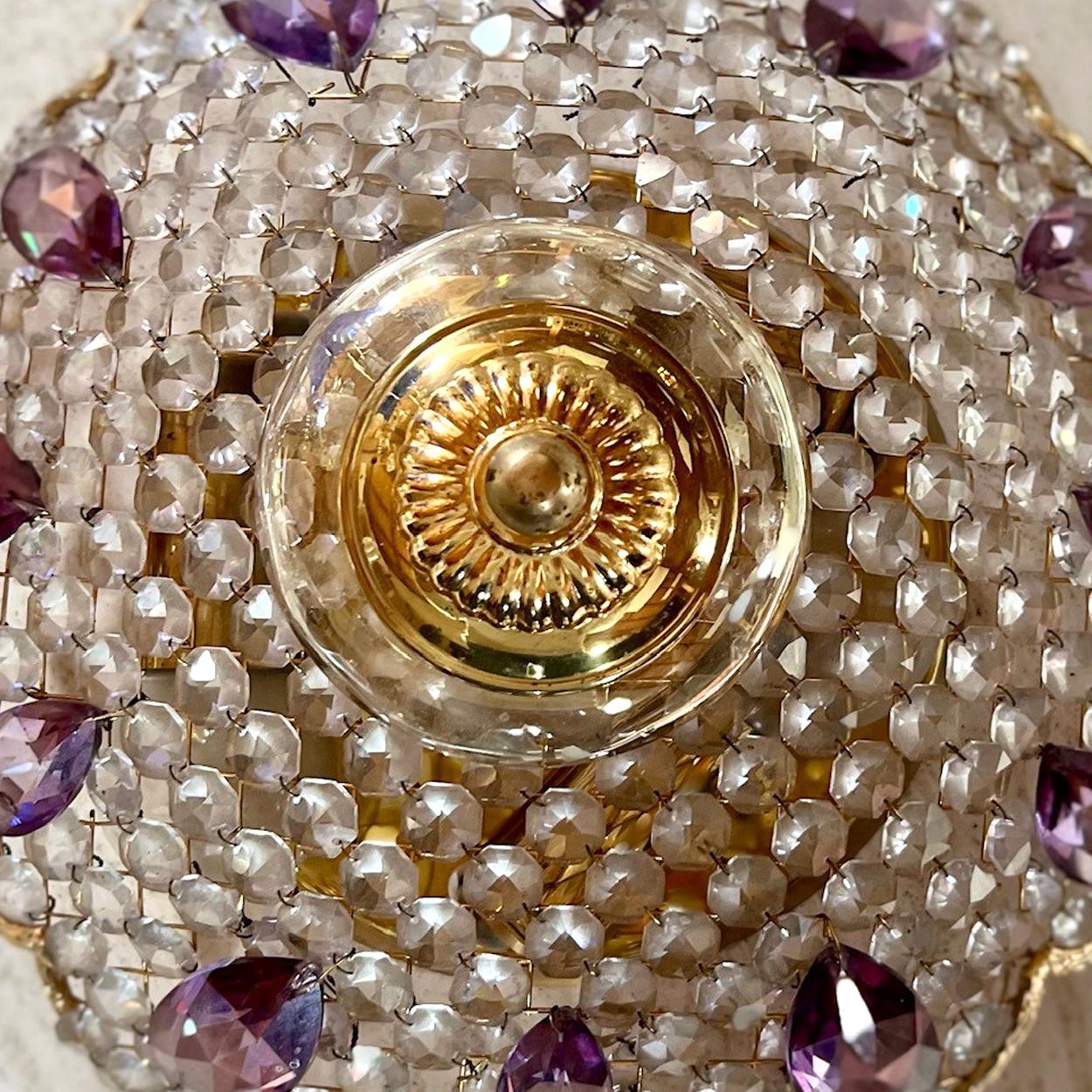 German Ceiling Lights/Wall Sconces Crystal Clear and Purple, Glass Gold Pated by Palwa