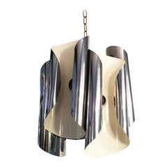 Ceiling or Pendant Lamp in Curved Chromed Aluminium like Flower and White, 1950s