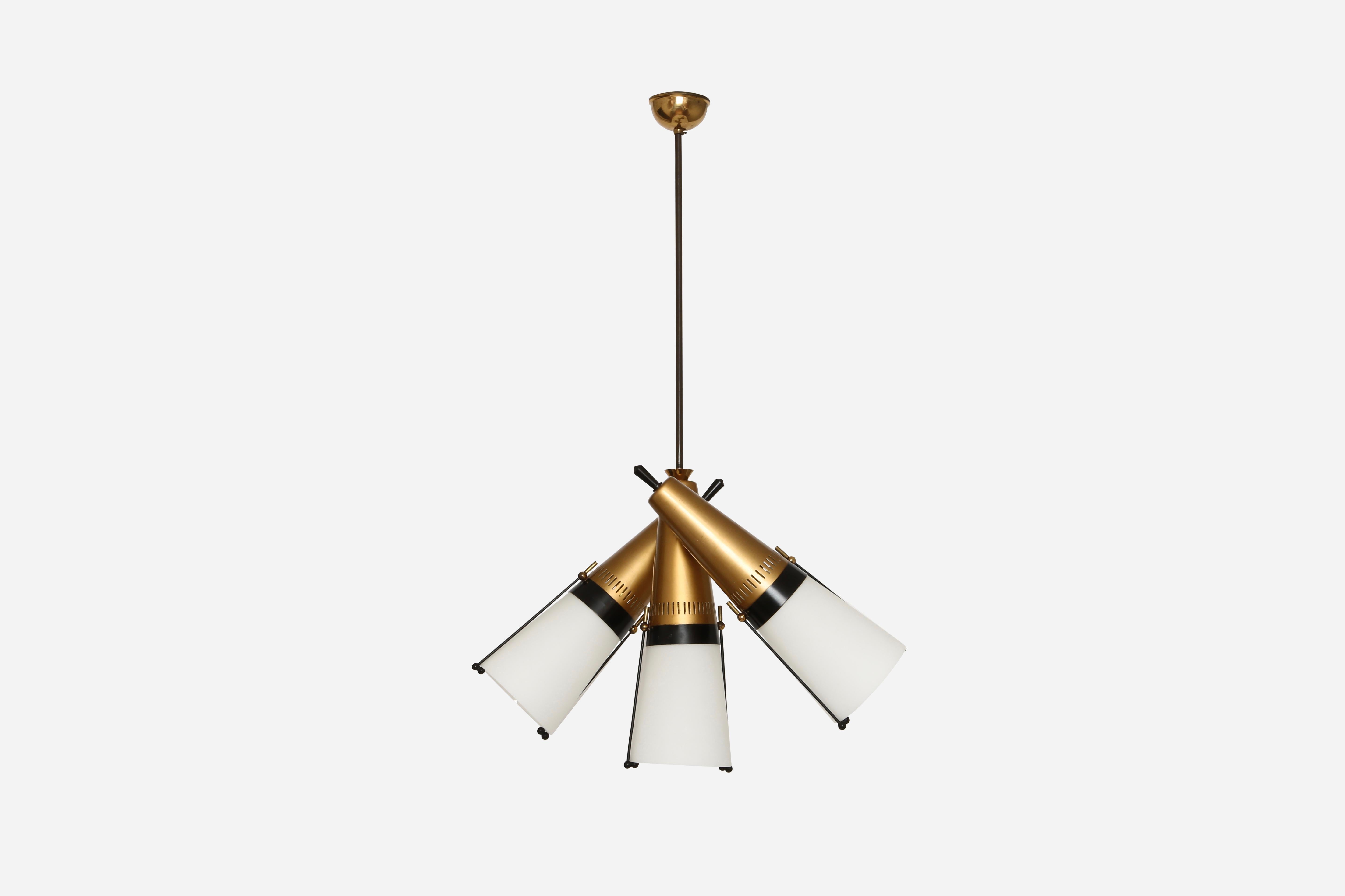 Ceiling pendant by Lamperti.
Designed and made in Italy in 1950s.
Glass, enameled metal, brass.
Takes 3 candelabra bulbs.
Complimentary US rewiring upon request.
Overall drop can be shorter.

We take pride in bringing vintage fixtures to their full