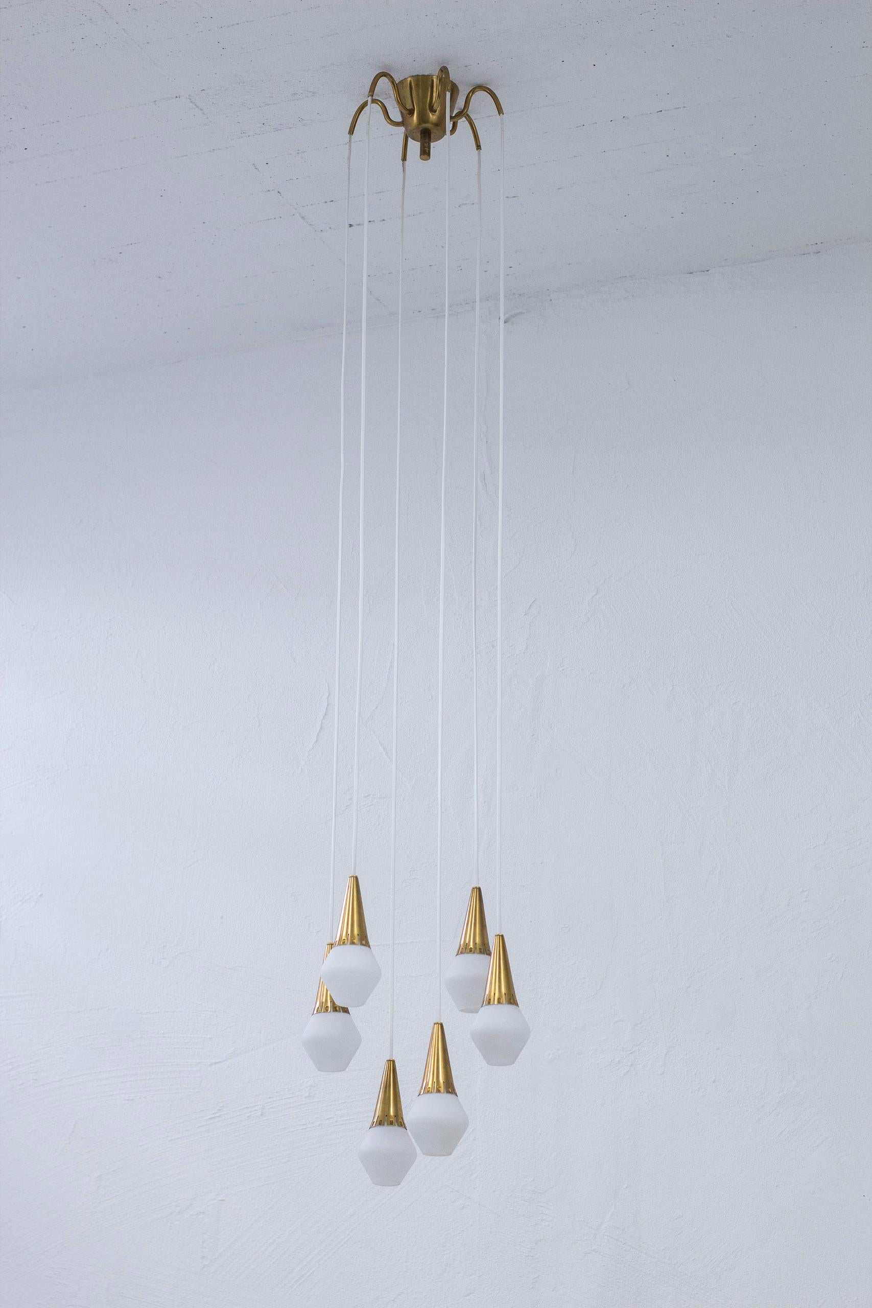 Scandinavian Modern Ceiling Pendant in Brass and Opal Glass by Harald Notini for Böhlmarks, 1950s For Sale