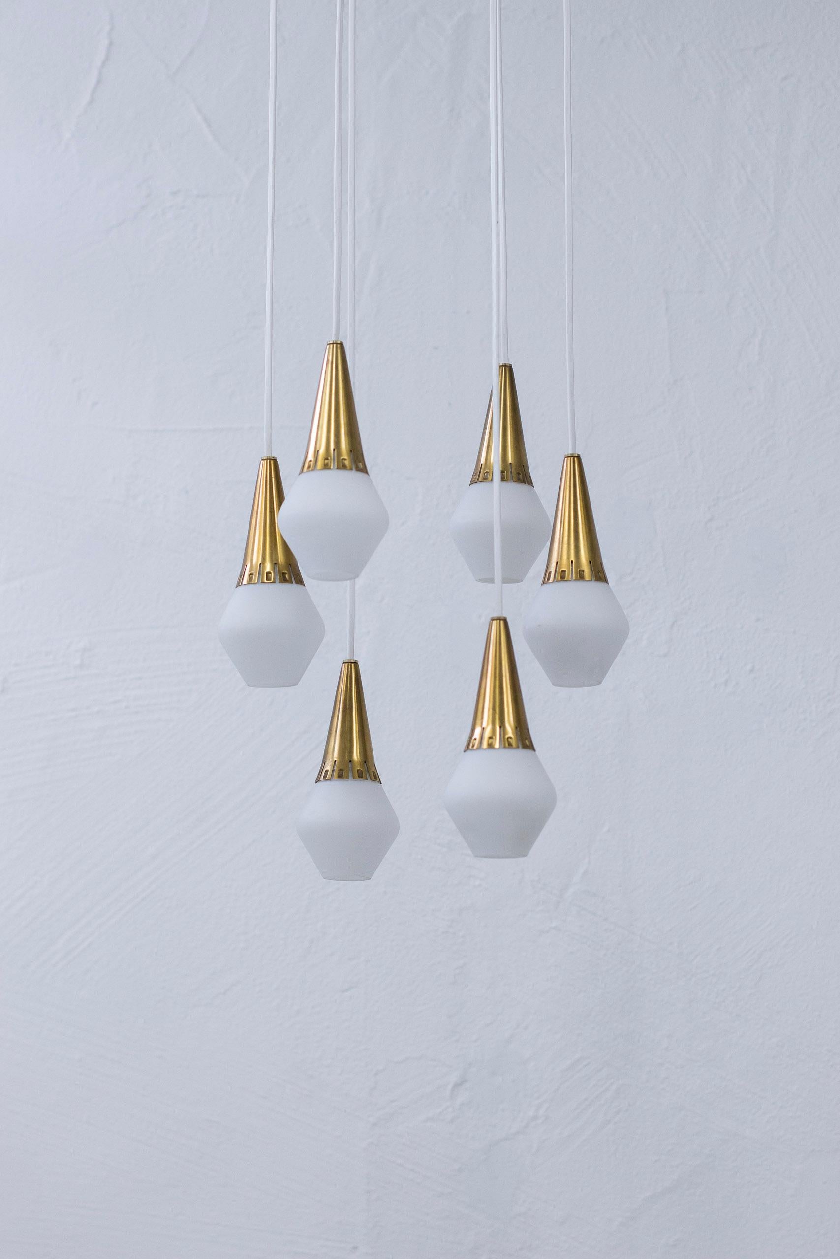 Swedish Ceiling Pendant in Brass and Opal Glass by Harald Notini for Böhlmarks, 1950s For Sale
