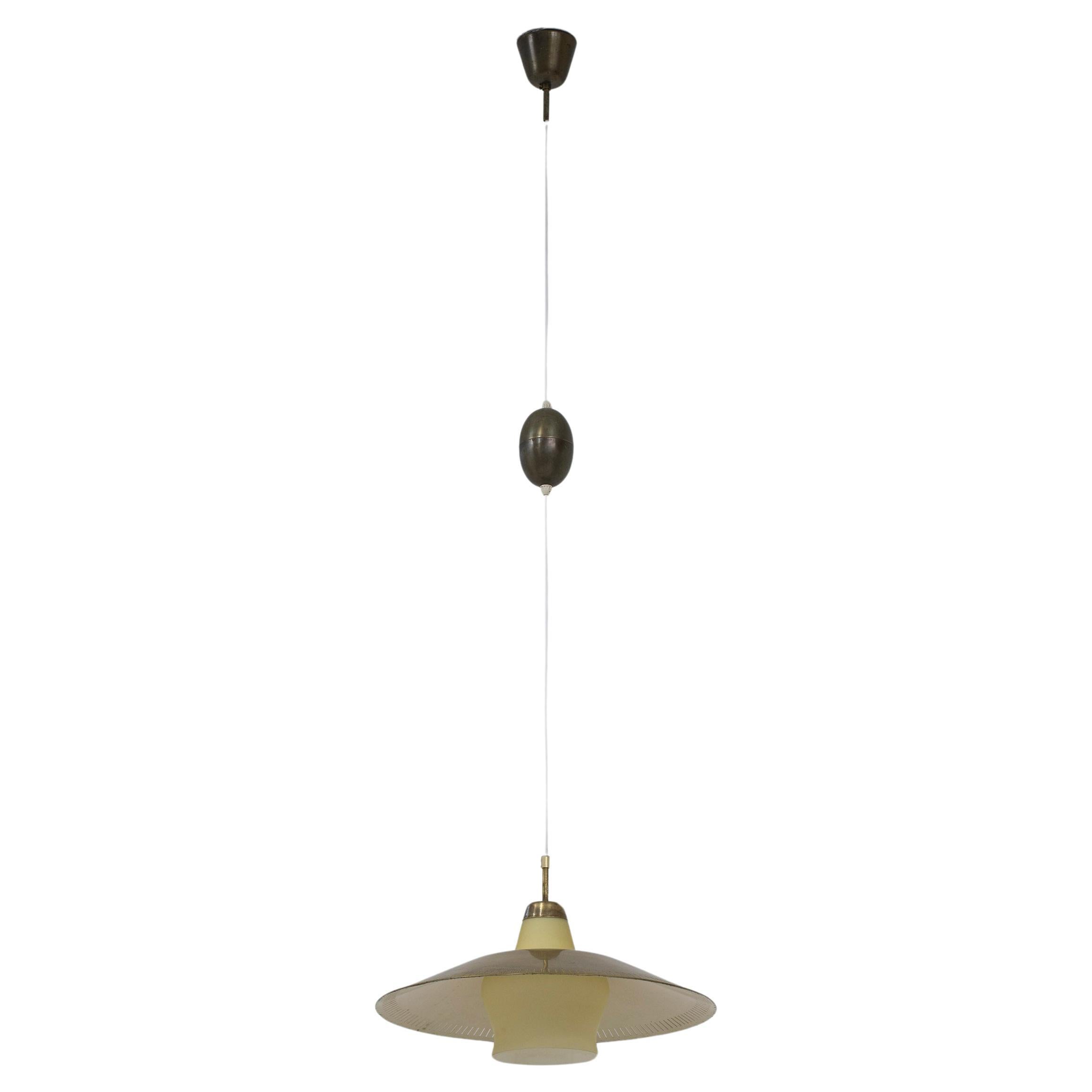 Ceiling pendant light in brass, glass by Harald Notini, Böhlmarks, Sweden, 1940s For Sale