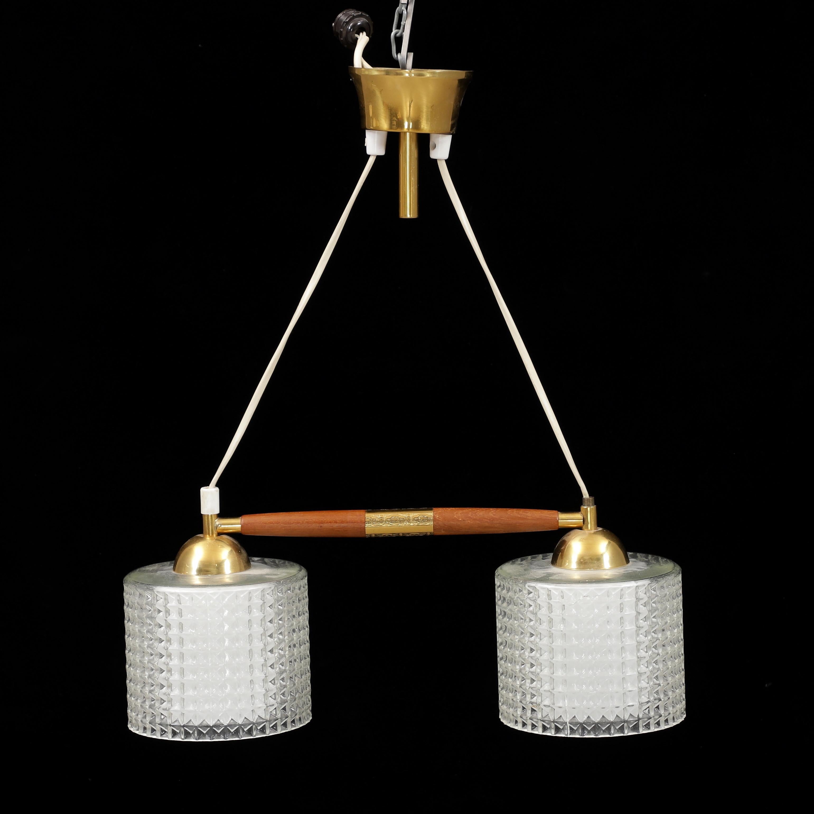 Ceiling Pendant Light Teak Brass and Glass Adjustable Anonymous Sweden 1960 In Good Condition For Sale In Paris, FR